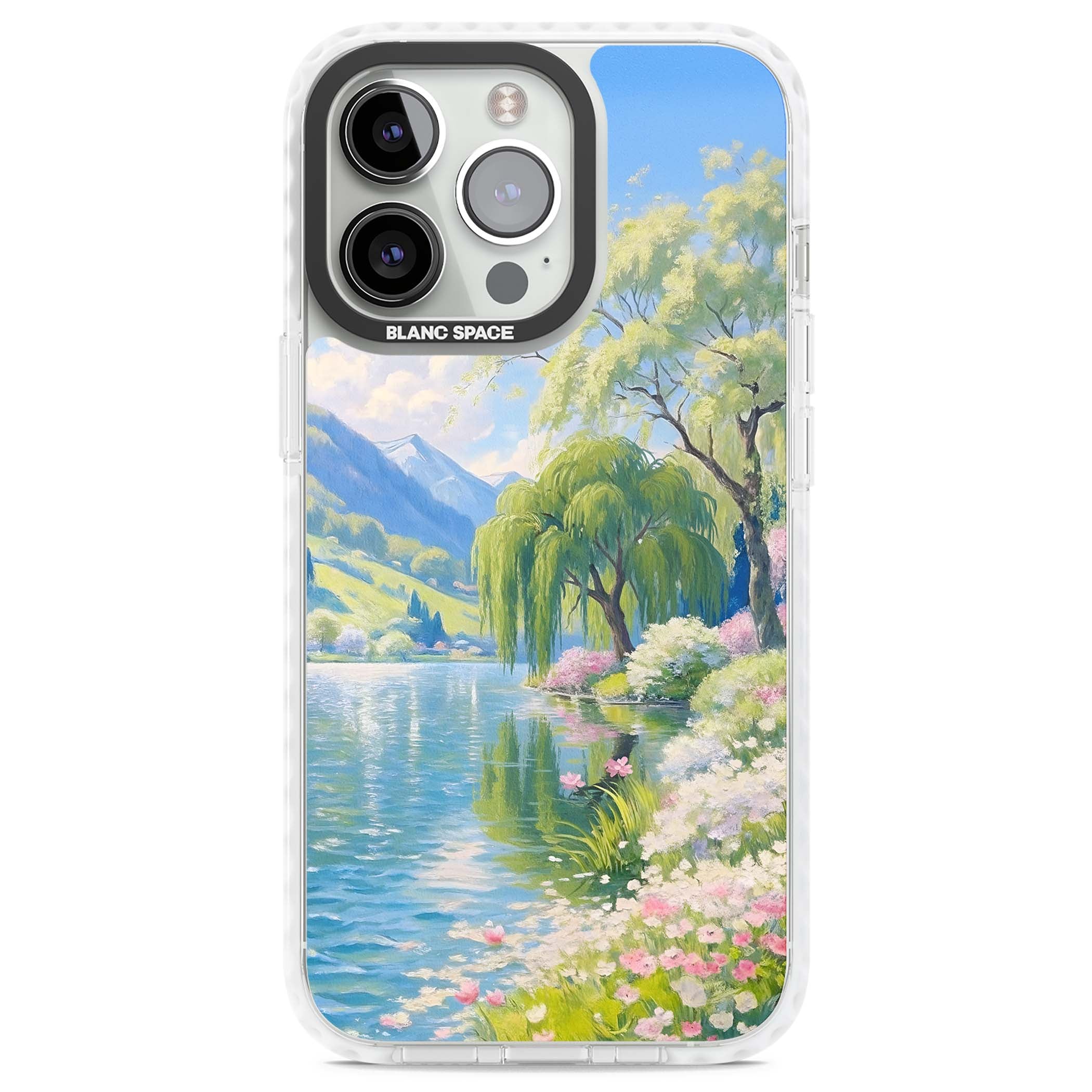 Willow Lake cottagecore iPhone case featuring a painted lakeside with weeping willow, blossoms and distant mountains | Clear Impact case for iPhone 13 Pro, iPhone 14 Pro, iPhone 15 Pro