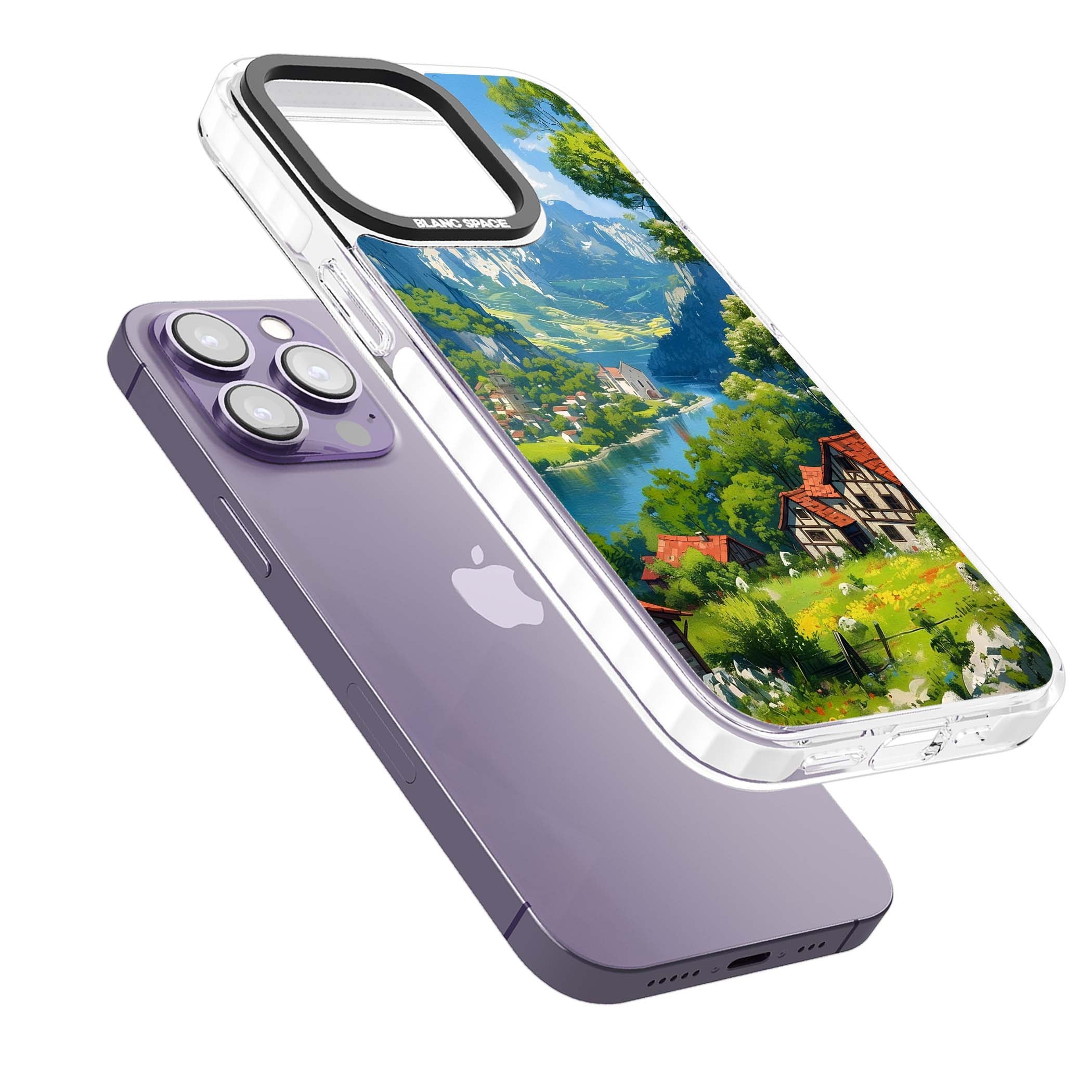 Village In The Valley anime iPhone case featuring a painted mountain village, river valley and half-timbered cottages. | Clear Impact case for iPhone 13 Pro, iPhone 14 Pro, iPhone 15 Pro