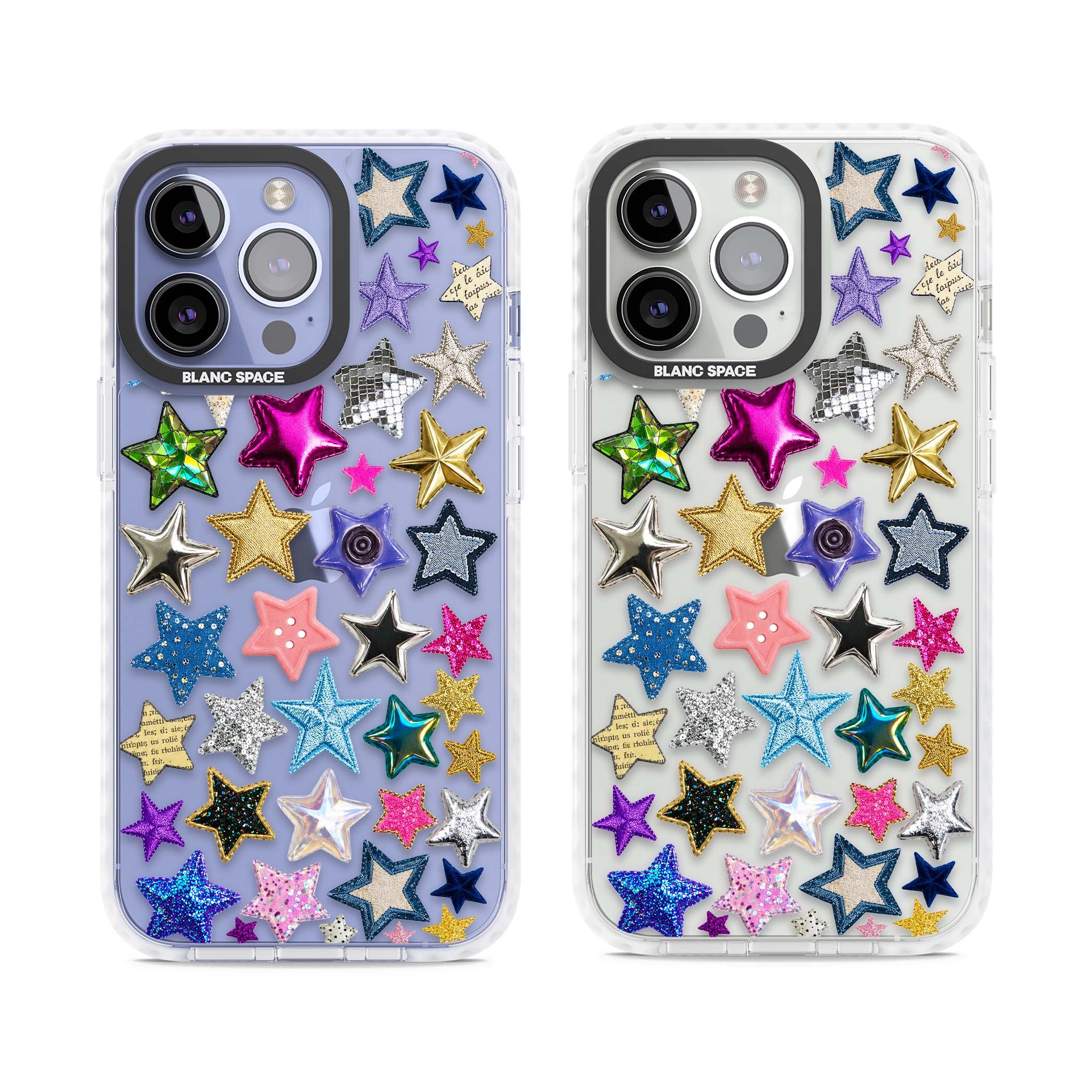 Crafty Star Mix Y2K iPhone case featuring embroidered, sequinned and glitter star patches in rainbow colours | Clear Impact case for iPhone 13 Pro, iPhone 14 Pro, iPhone 15 Pro