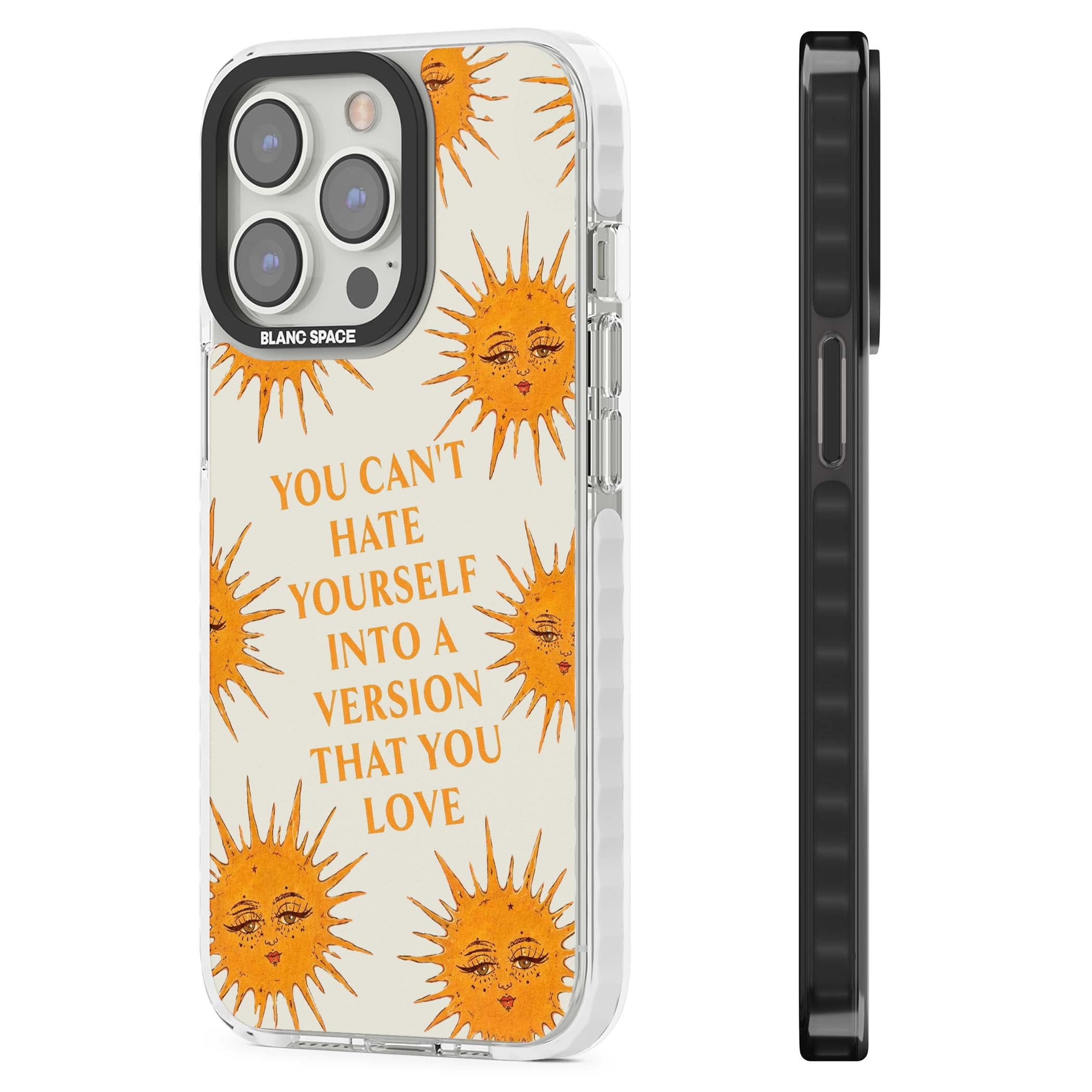 Don't Hate Yourself celestial iPhone case featuring vintage sun faces, ochre rays and a self-love quote | Clear Impact case for iPhone 13 Pro, iPhone 14 Pro, iPhone 15 Pro