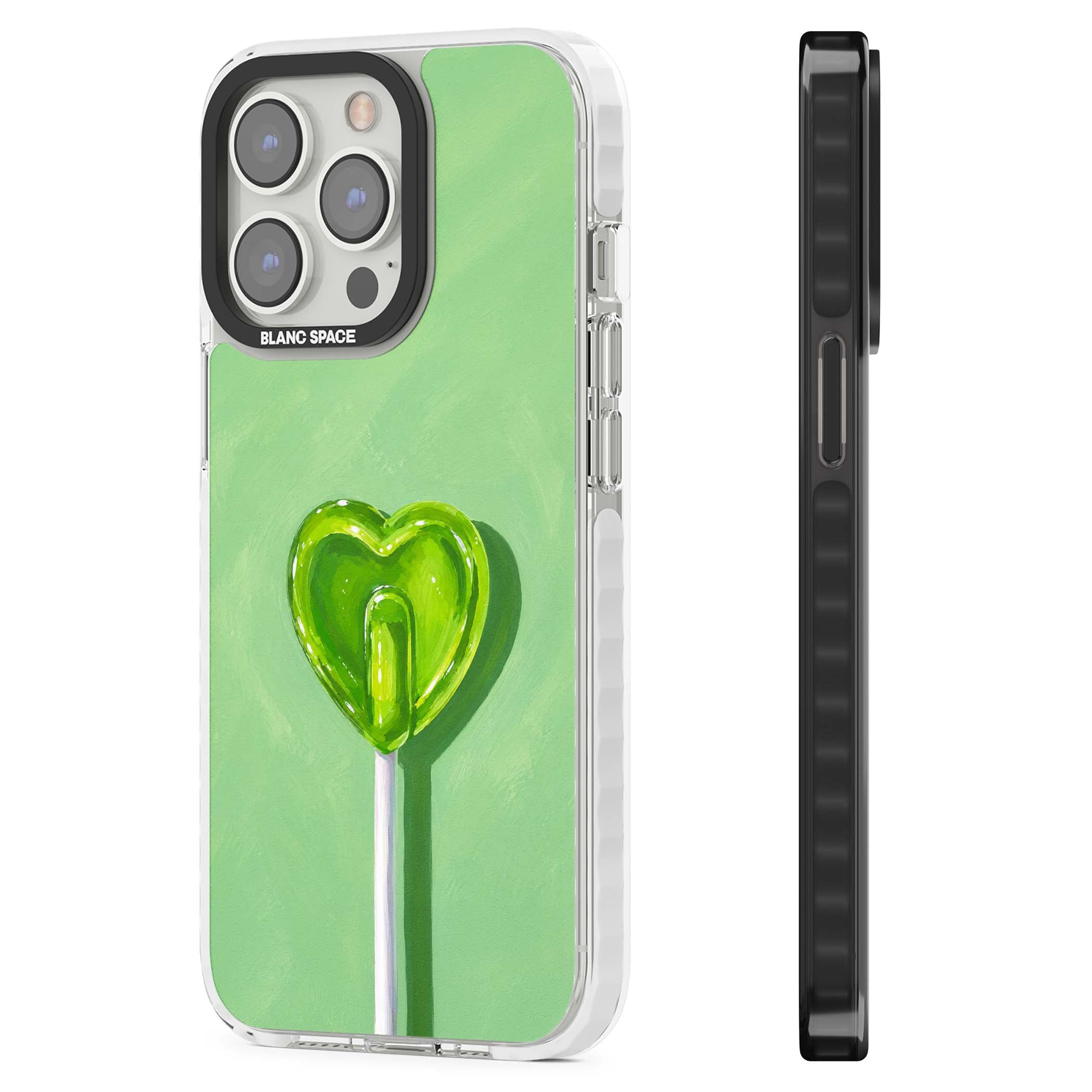 Green Lollipop candy art iPhone case featuring a glossy green heart-shaped lollipop on a painted pastel green background | Clear Impact case for iPhone 13 Pro, iPhone 14 Pro, iPhone 15 Pro
