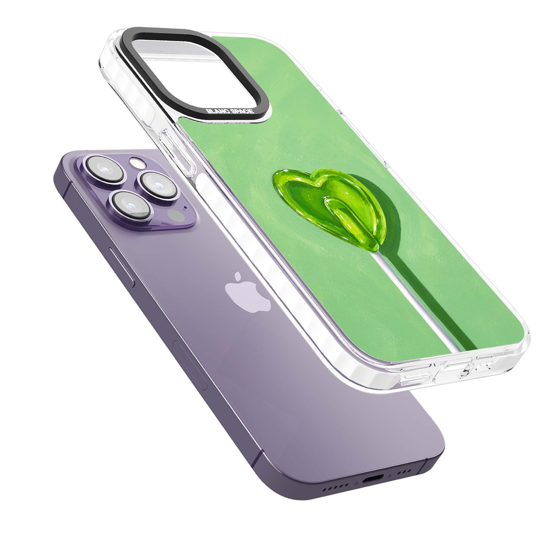 Green Lollipop candy art iPhone case featuring a glossy green heart-shaped lollipop on a painted pastel green background | Clear Impact case for iPhone 13 Pro, iPhone 14 Pro, iPhone 15 Pro