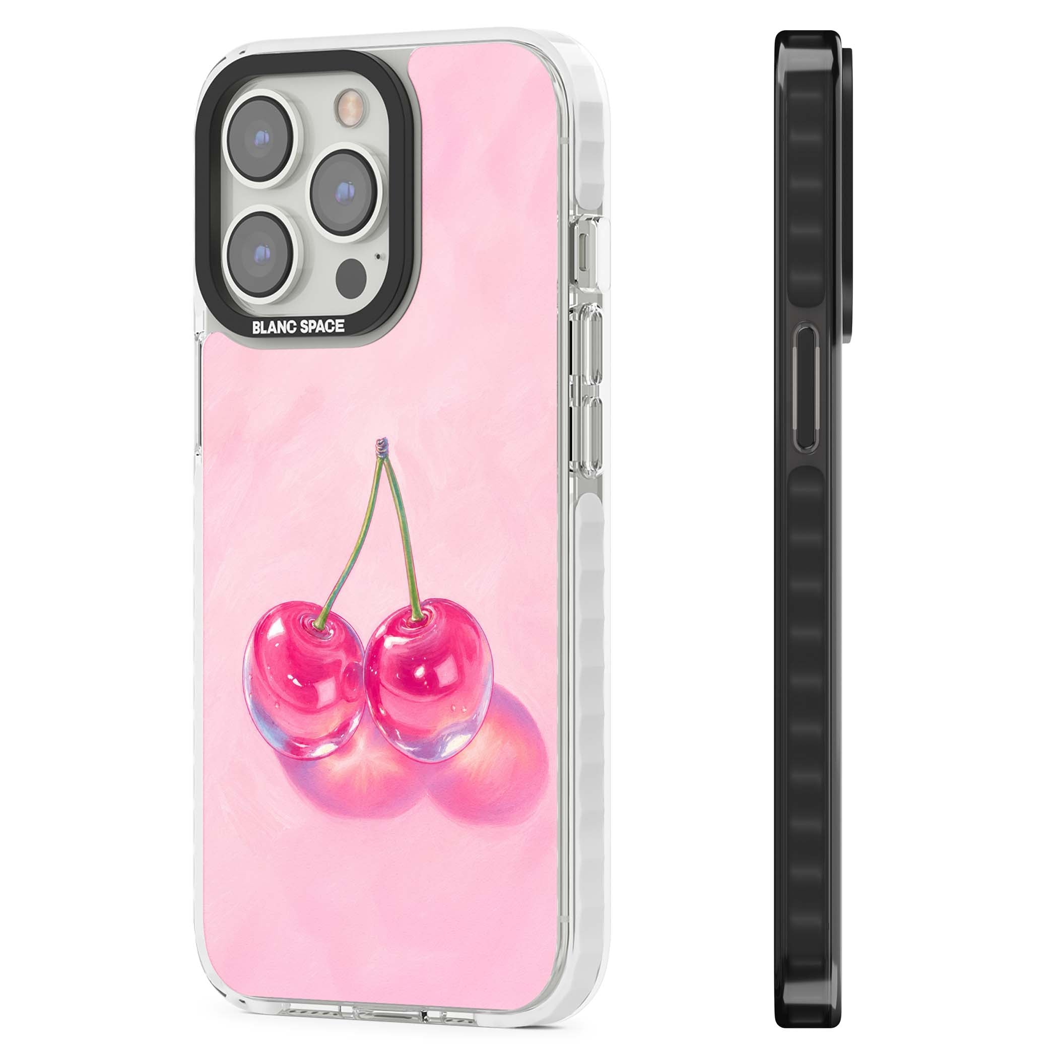Pink Glass Cherry coquette iPhone case featuring two glossy painted cherries on a soft pink background | Clear Impact case for iPhone 13 Pro, iPhone 14 Pro, iPhone 15 Pro
