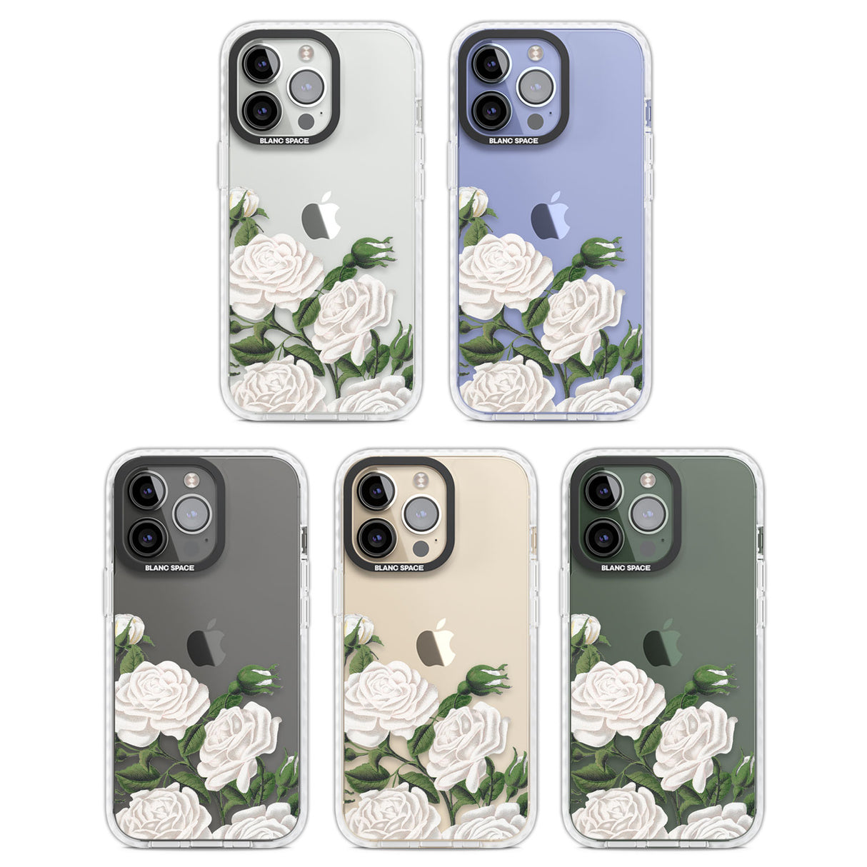 White Vintage Painted Flowers Clear Impact Phone Case for iPhone 13 Pro, iPhone 14 Pro, iPhone 15 Pro