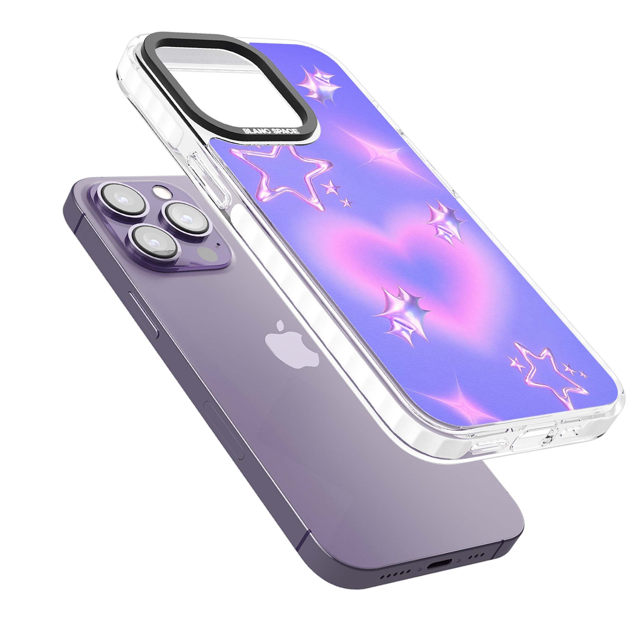 Soft Sugar Y2K iPhone case featuring iridescent chrome hearts, metallic pink stars and a lavender gradient sky | Clear Impact case for iPhone 13 Pro, iPhone 14 Pro, iPhone 15 Pro