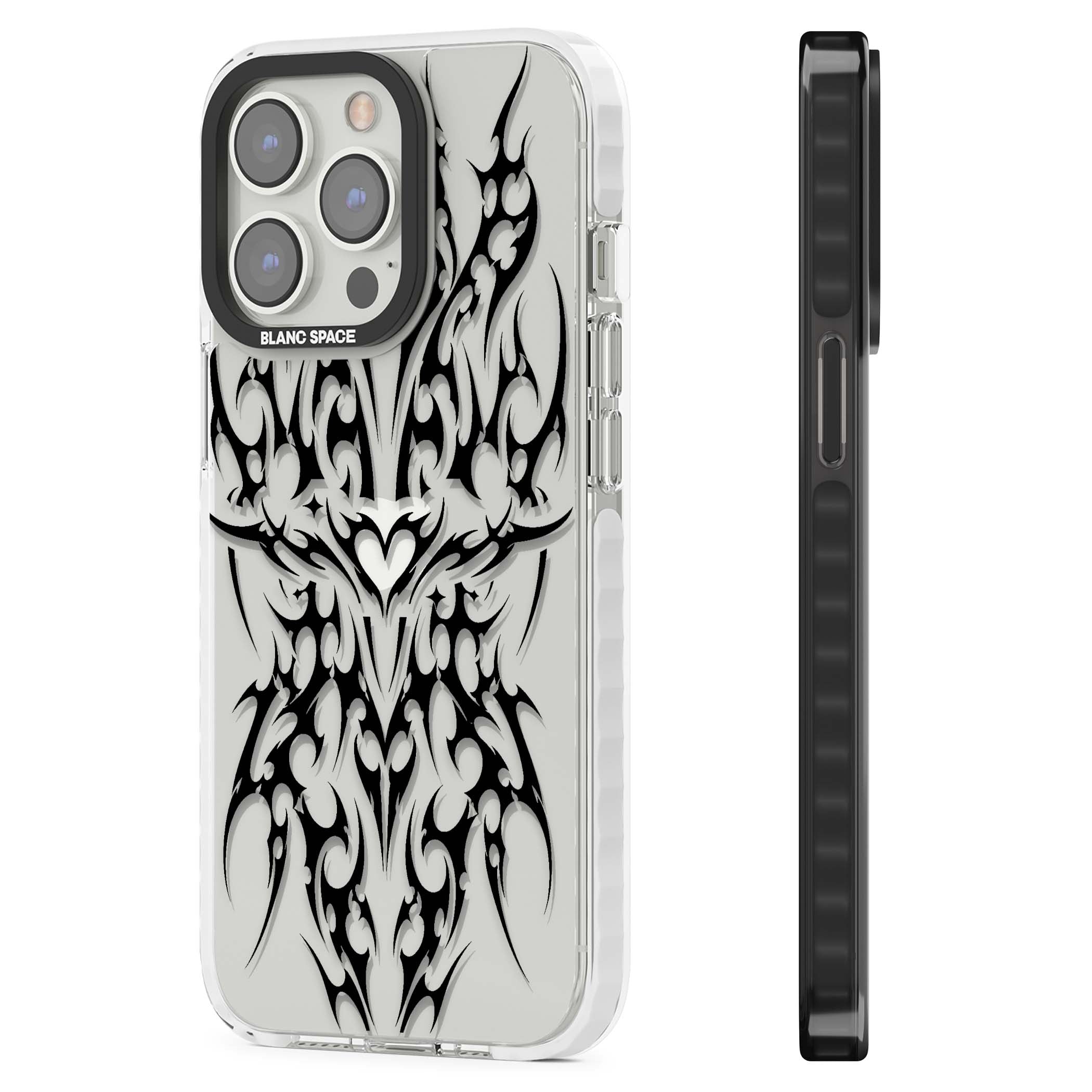 Neo Tribal Heart gothic iPhone case featuring symmetrical black tribal tattoo art with sharp thorn-like linework | Clear Impact case for iPhone 13 Pro, iPhone 14 Pro, iPhone 15 Pro