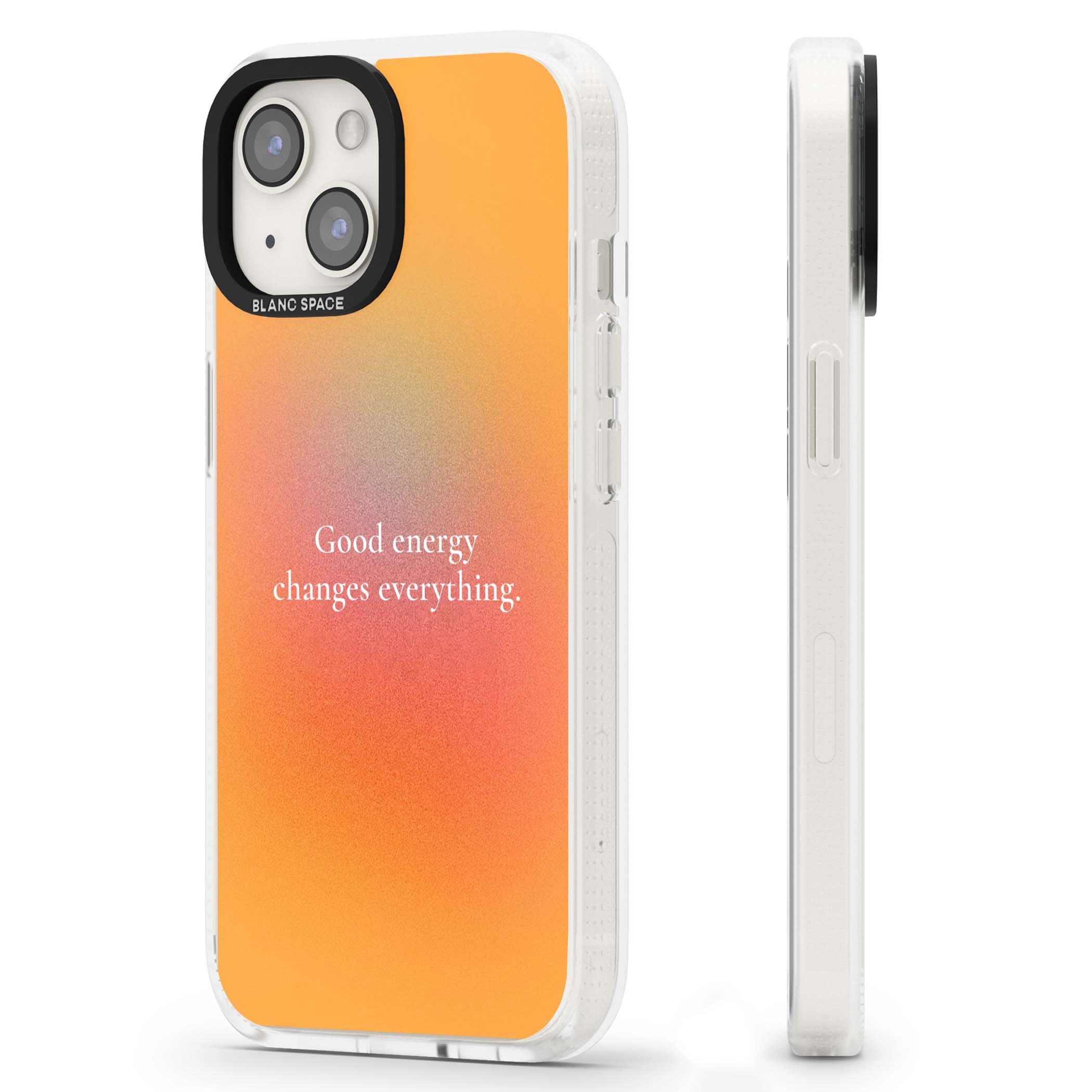 Good Energy quote iPhone case featuring an orange and pink aura gradient with white serif affirmation text | Clear Case Impact Air case for iPhone 15, iPhone 15 Plus