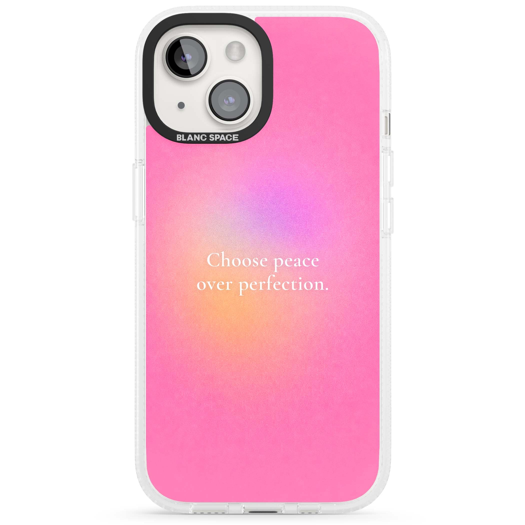 Peace Over Perfection quote iPhone case featuring a dreamy pink aura gradient and delicate white affirmation text | Clear Case Impact Air case for iPhone 15, iPhone 15 Plus