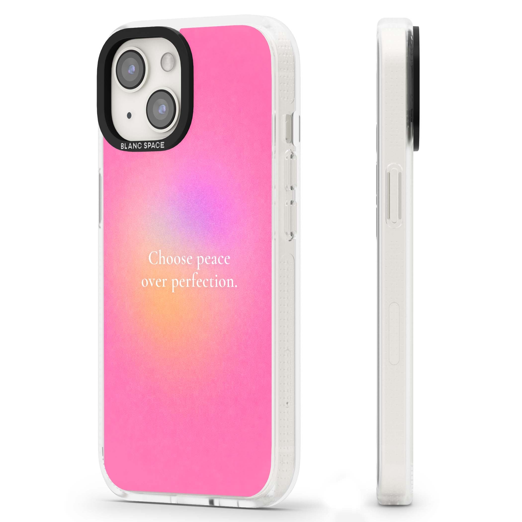 Peace Over Perfection quote iPhone case featuring a dreamy pink aura gradient and delicate white affirmation text | Clear Case Impact Air case for iPhone 15, iPhone 15 Plus