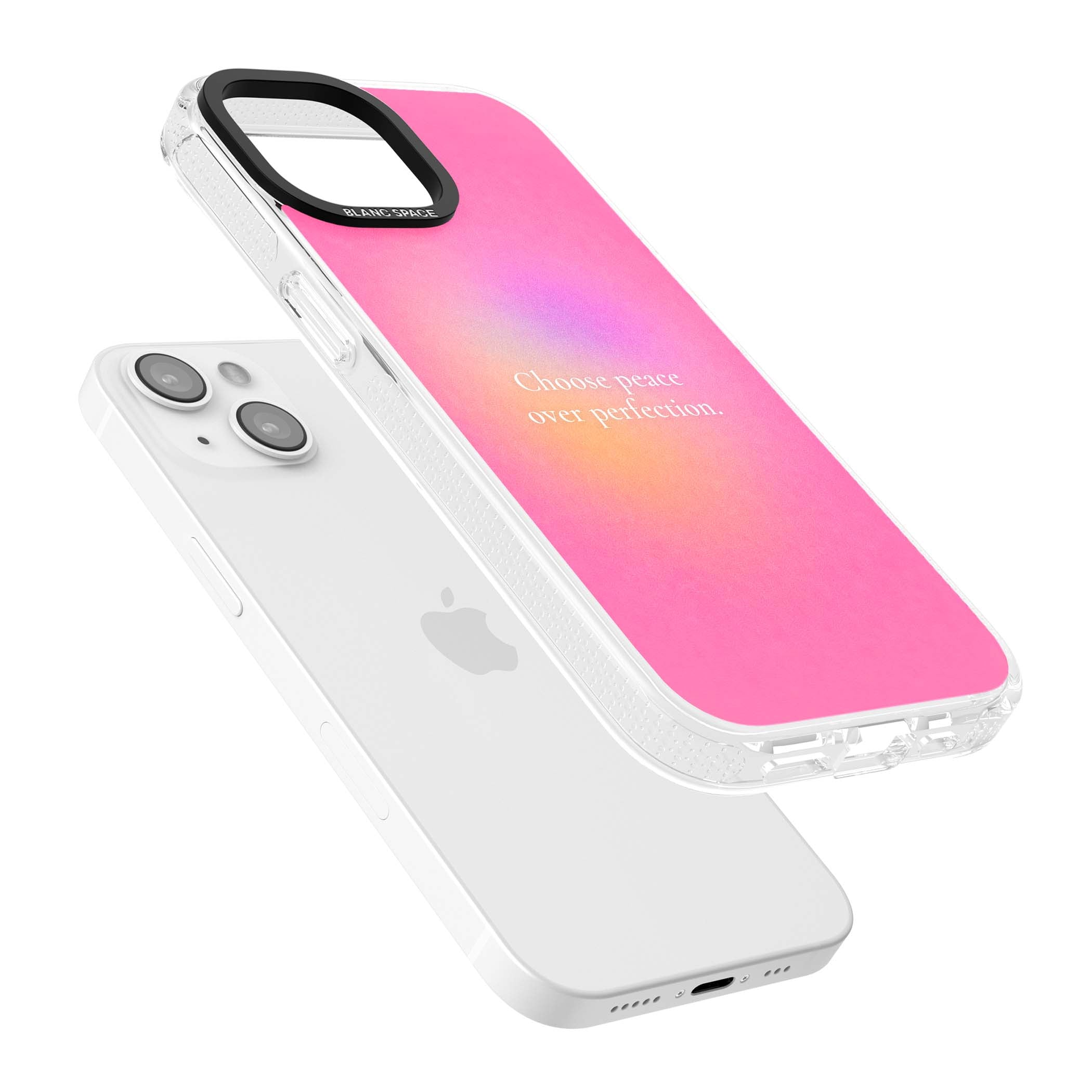 Peace Over Perfection quote iPhone case featuring a dreamy pink aura gradient and delicate white affirmation text | Clear Case Impact Air case for iPhone 15, iPhone 15 Plus