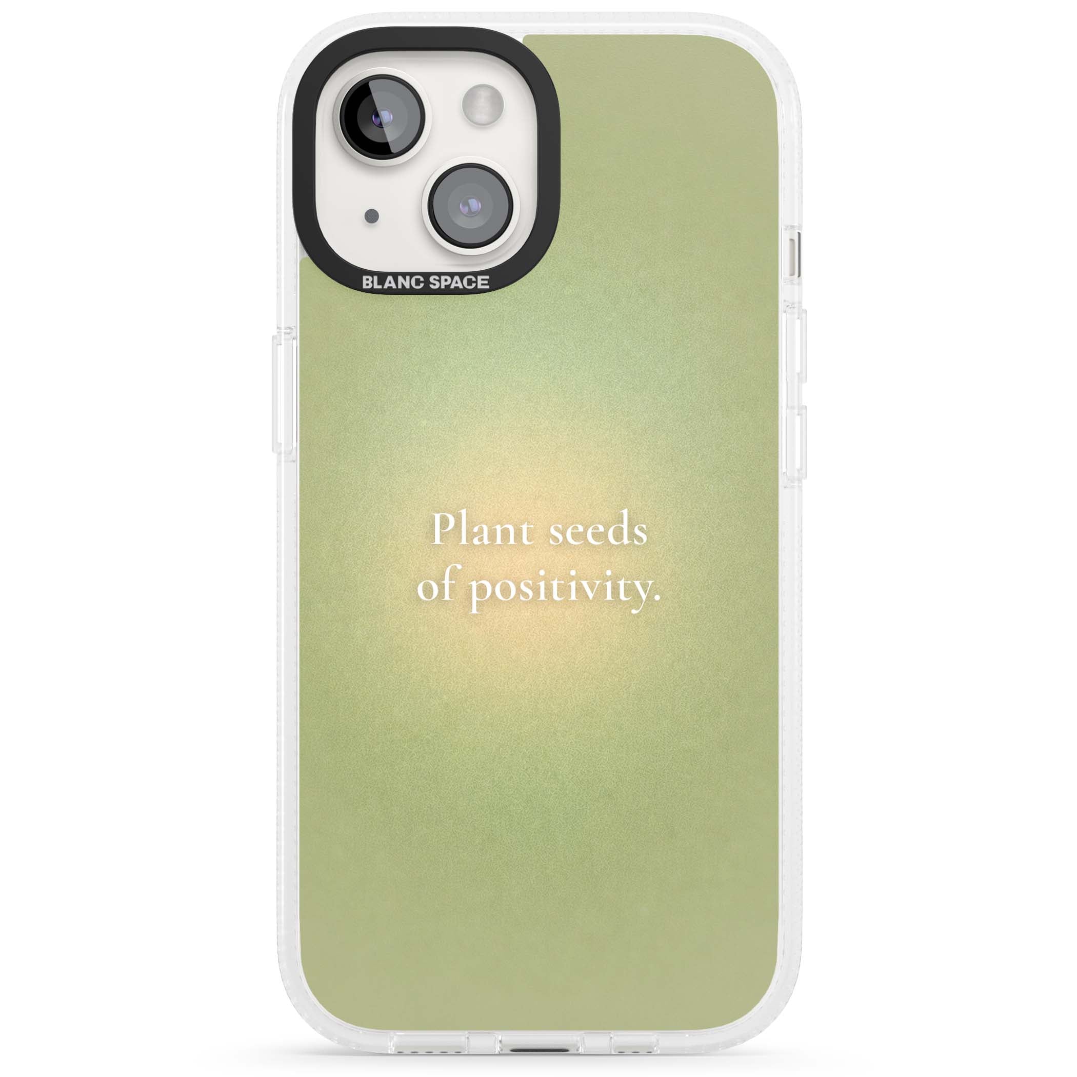 Seeds of Positivity quote iPhone case featuring a sage green aura gradient and golden glow affirmation | Clear Case Impact Air case for iPhone 15, iPhone 15 Plus