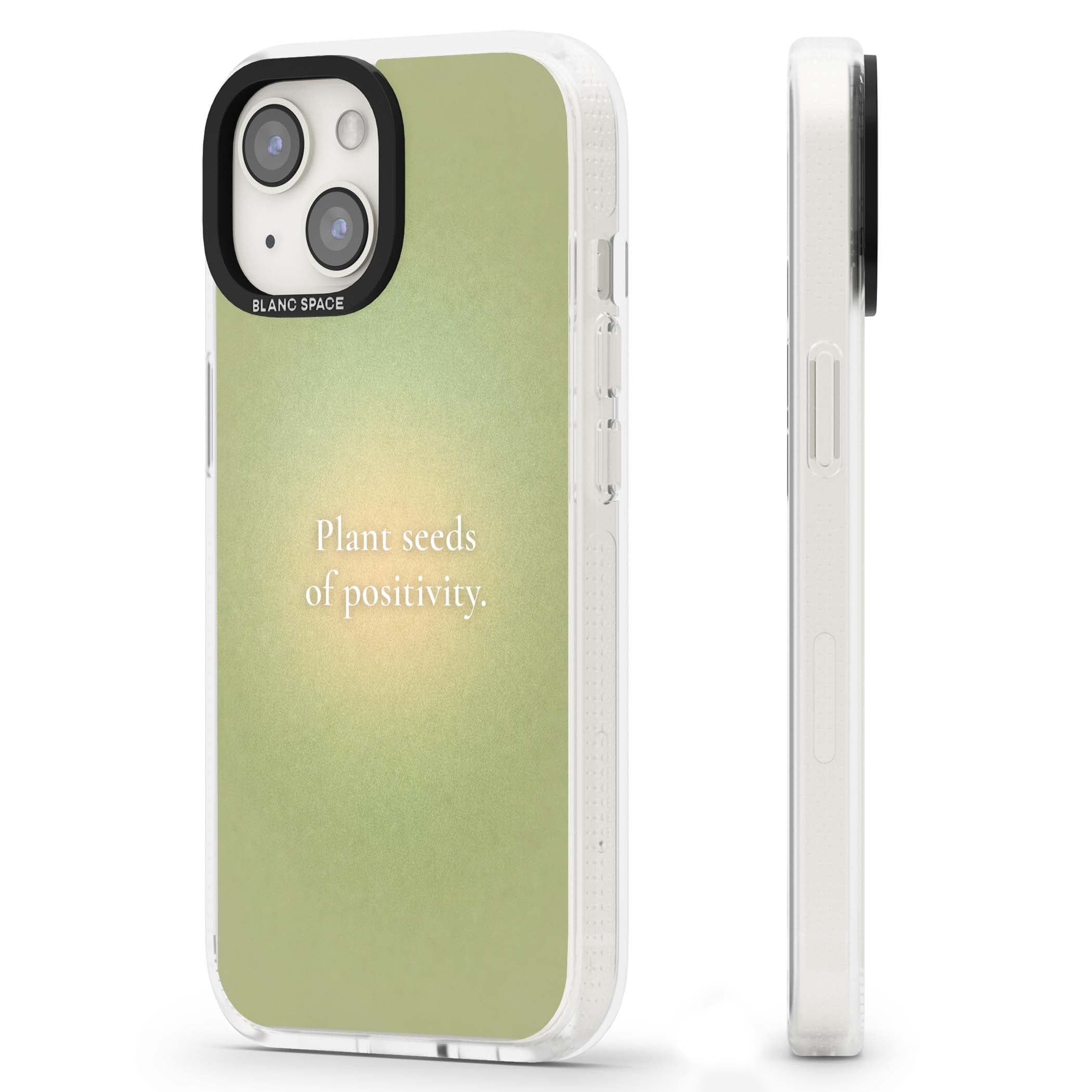 Seeds of Positivity quote iPhone case featuring a sage green aura gradient and golden glow affirmation | Clear Case Impact Air case for iPhone 15, iPhone 15 Plus