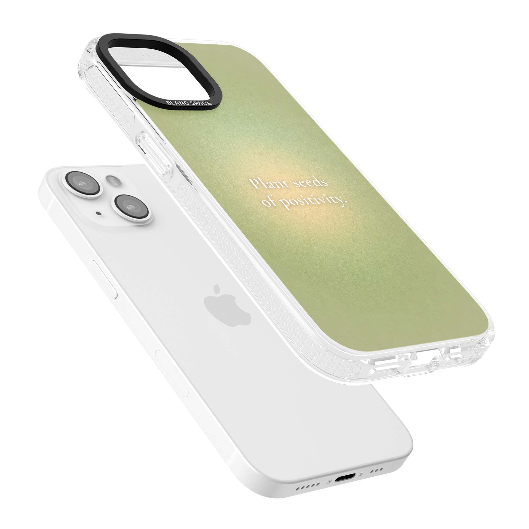 Seeds of Positivity quote iPhone case featuring a sage green aura gradient and golden glow affirmation | Clear Case Impact Air case for iPhone 15, iPhone 15 Plus