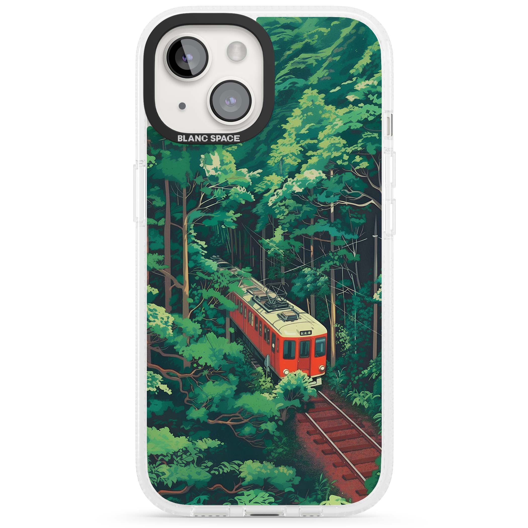 Railway In Toyama Japanese iPhone case featuring a red train, cedar forest and winding mountain railway tracks | Clear Case Impact Air case for iPhone 15, iPhone 15 Plus