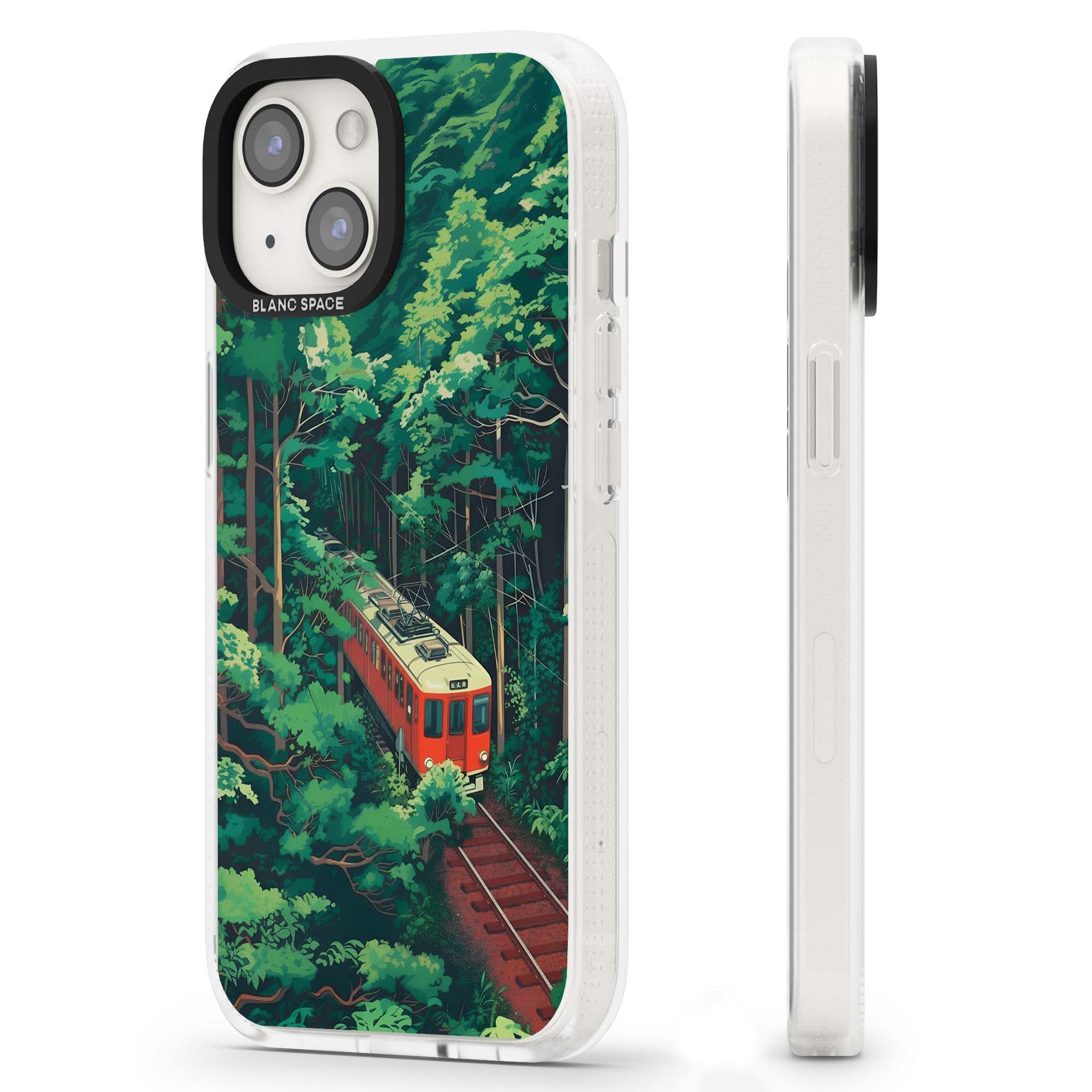 Railway In Toyama Japanese iPhone case featuring a red train, cedar forest and winding mountain railway tracks | Clear Case Impact Air case for iPhone 15, iPhone 15 Plus