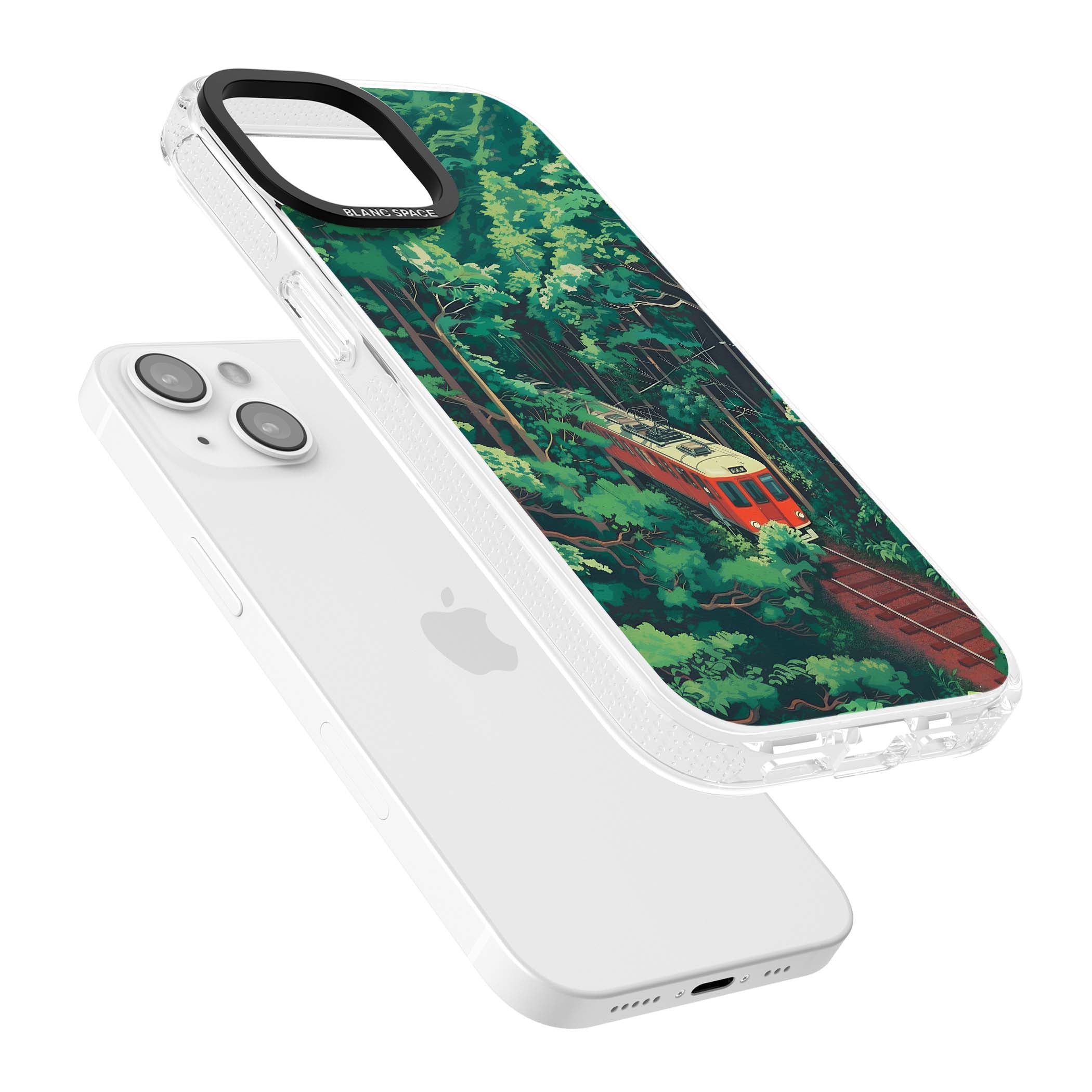 Railway In Toyama Japanese iPhone case featuring a red train, cedar forest and winding mountain railway tracks | Clear Case Impact Air case for iPhone 15, iPhone 15 Plus