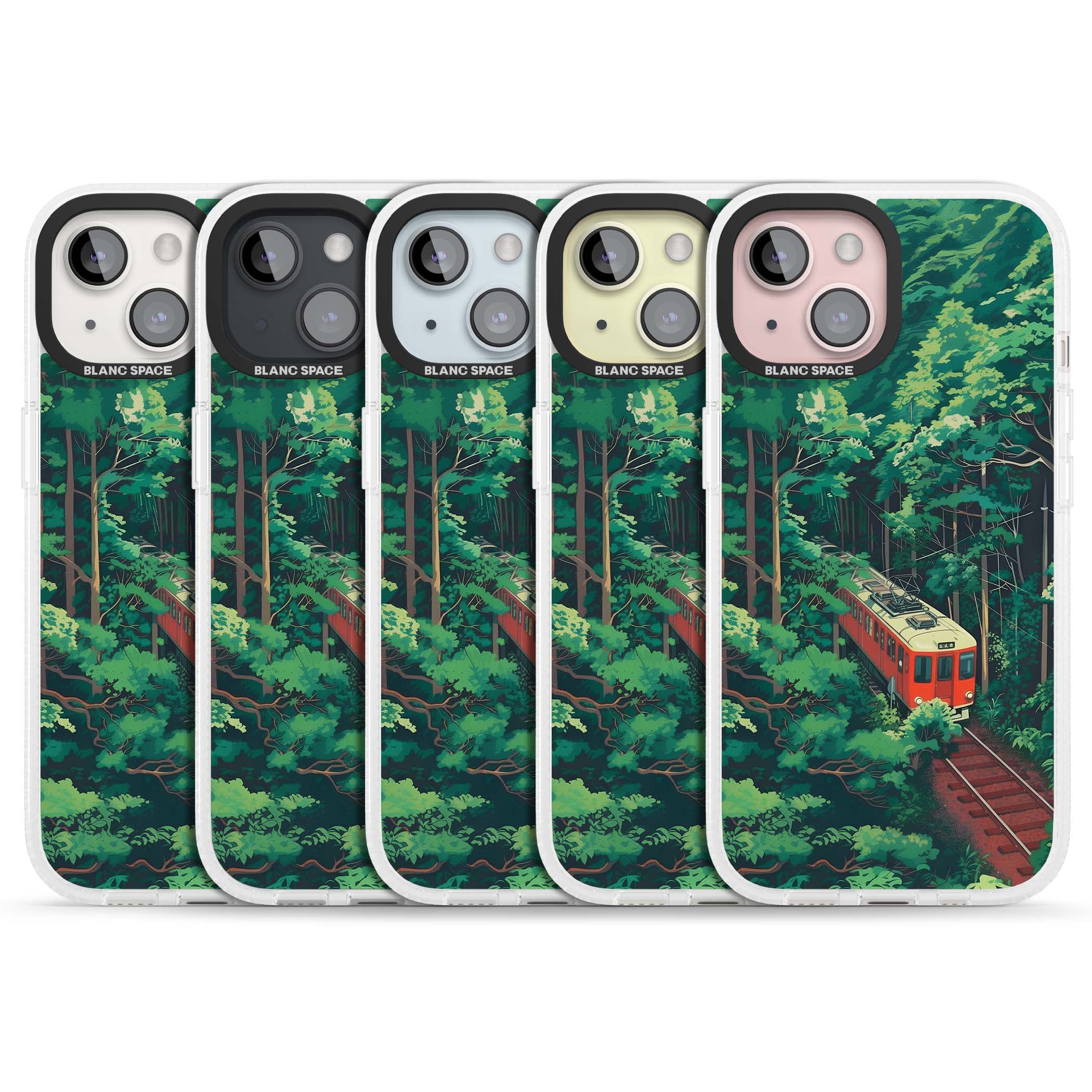 Railway In Toyama Japanese iPhone case featuring a red train, cedar forest and winding mountain railway tracks | Clear Case Impact Air case for iPhone 15, iPhone 15 Plus