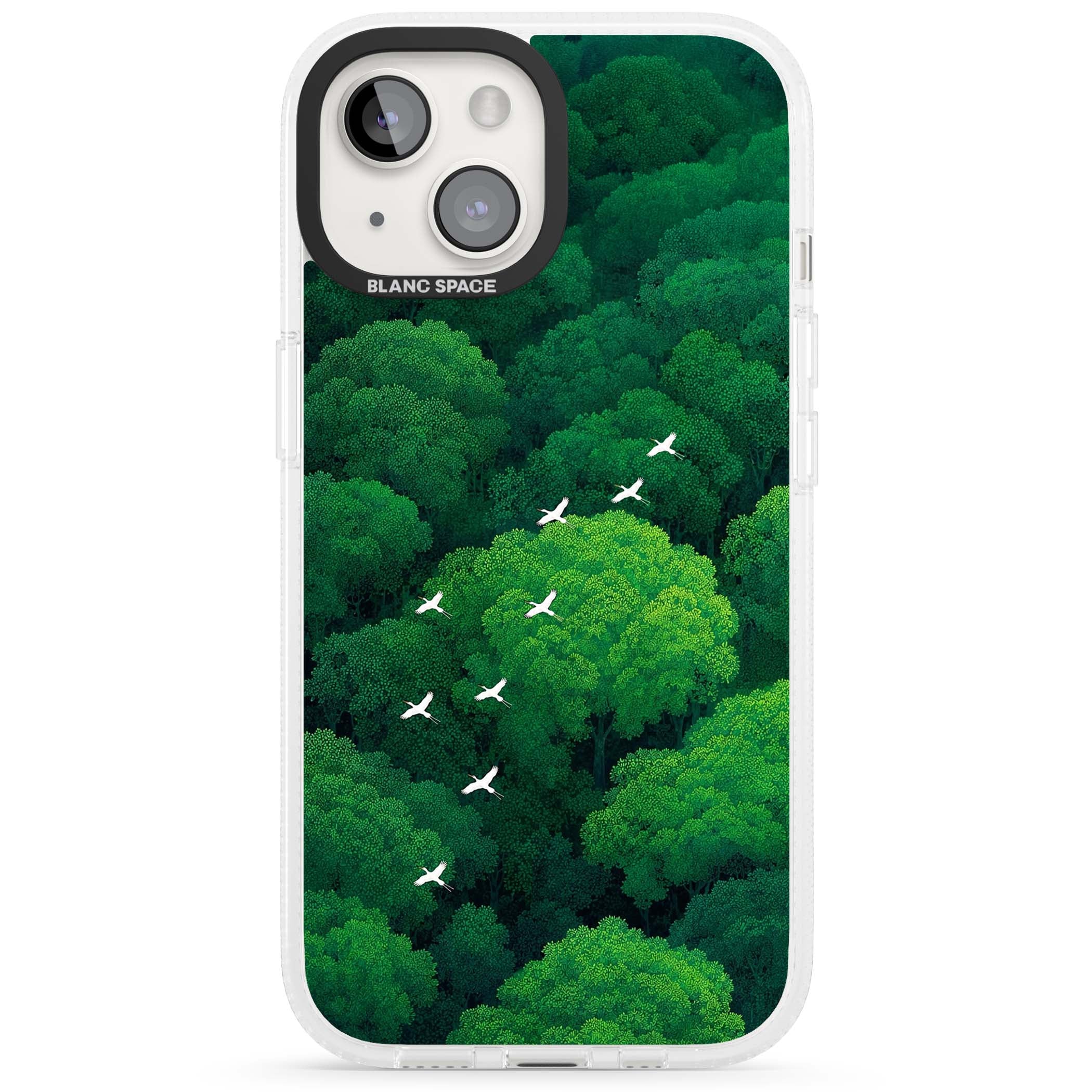 Grove Migration forest iPhone case featuring white cranes flying over lush green treetop canopy | Clear Case Impact Air case for iPhone 15, iPhone 15 Plus