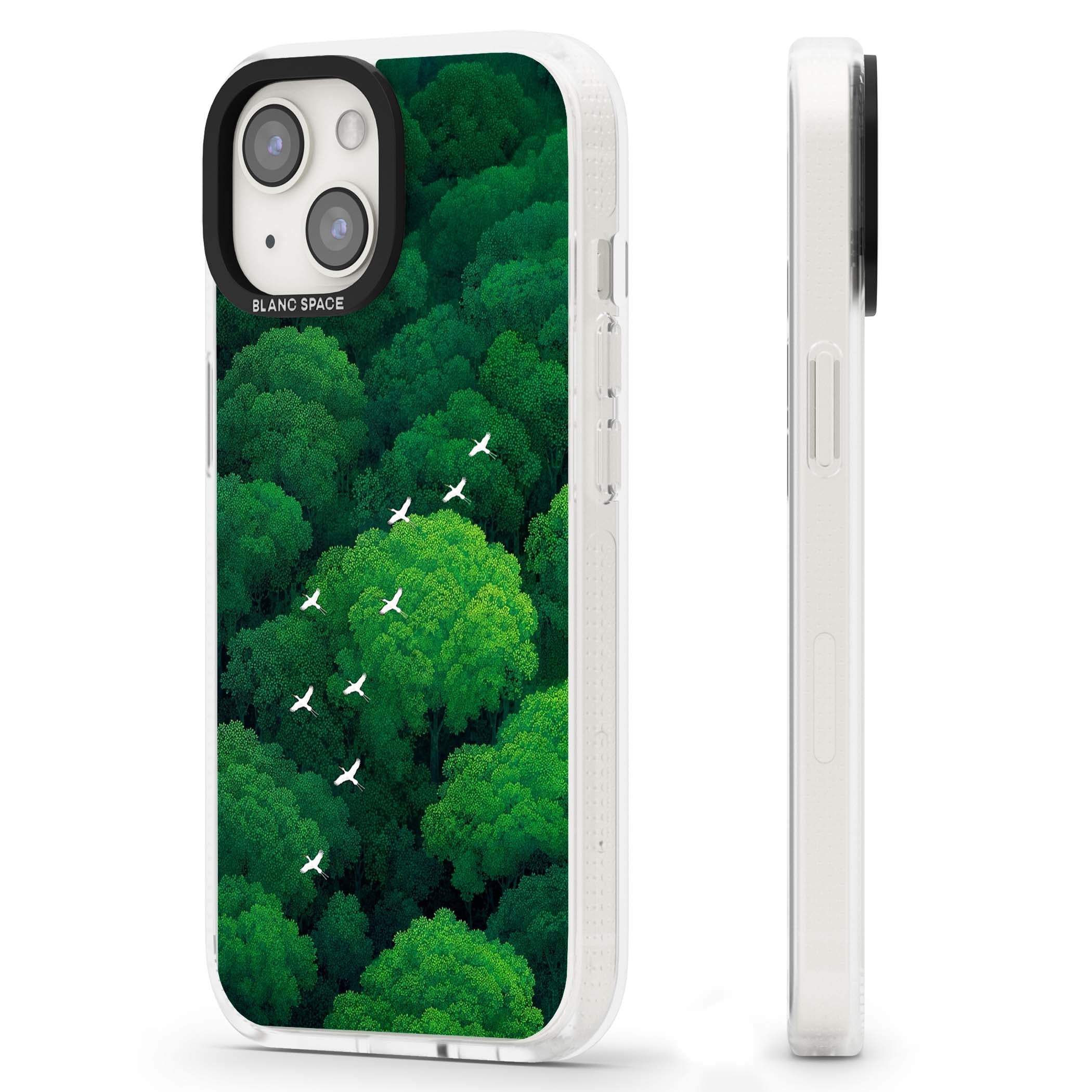 Grove Migration forest iPhone case featuring white cranes flying over lush green treetop canopy | Clear Case Impact Air case for iPhone 15, iPhone 15 Plus