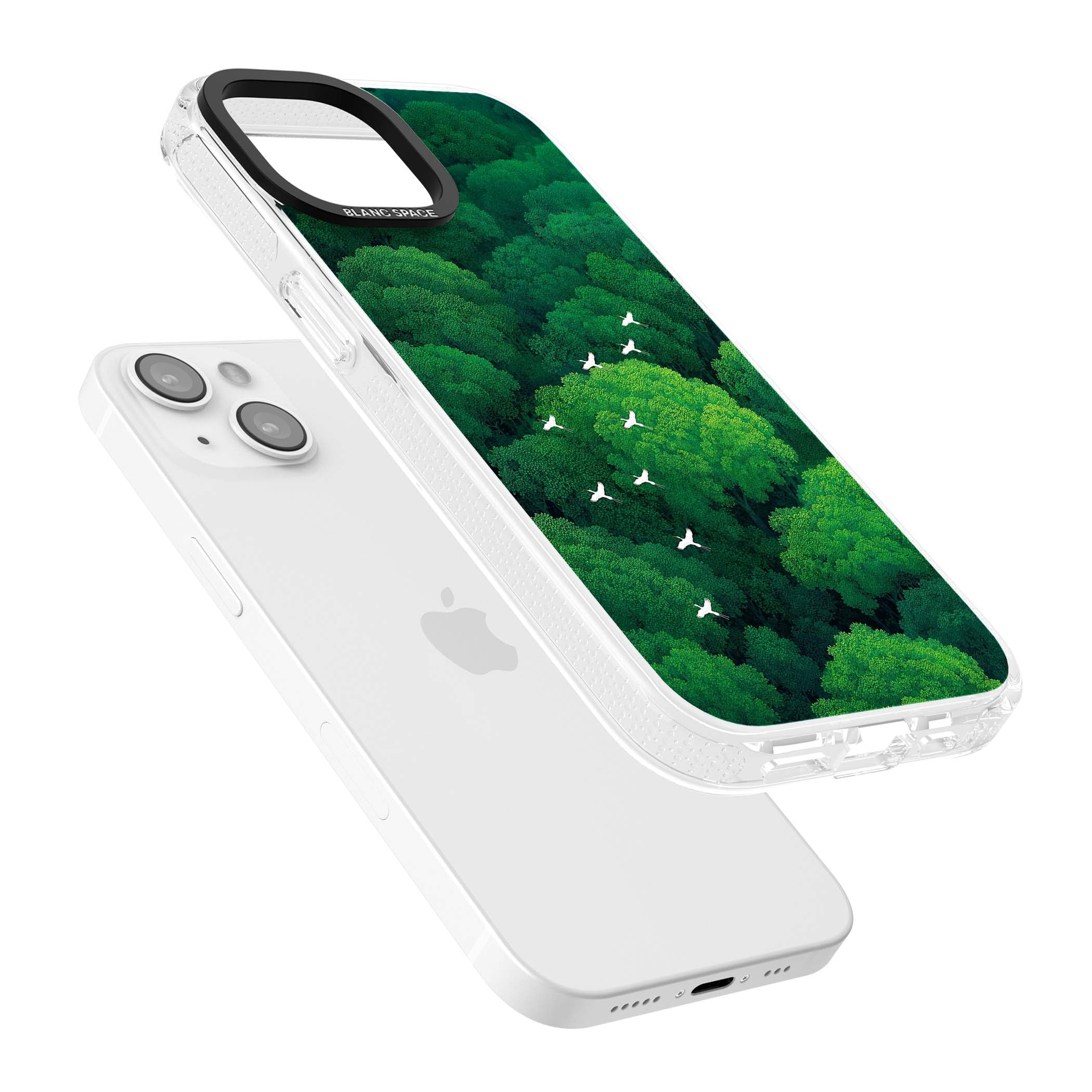Grove Migration forest iPhone case featuring white cranes flying over lush green treetop canopy | Clear Case Impact Air case for iPhone 15, iPhone 15 Plus
