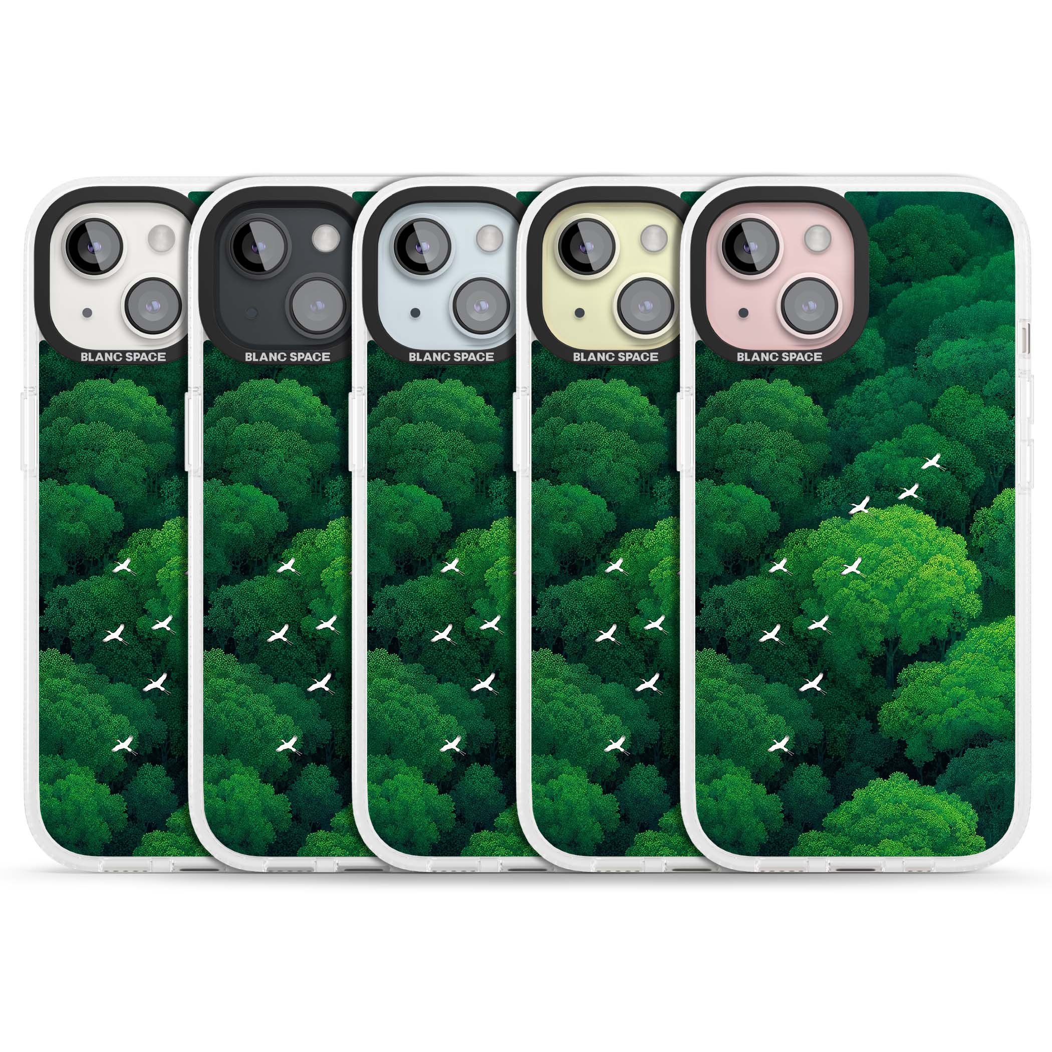 Grove Migration forest iPhone case featuring white cranes flying over lush green treetop canopy | Clear Case Impact Air case for iPhone 15, iPhone 15 Plus