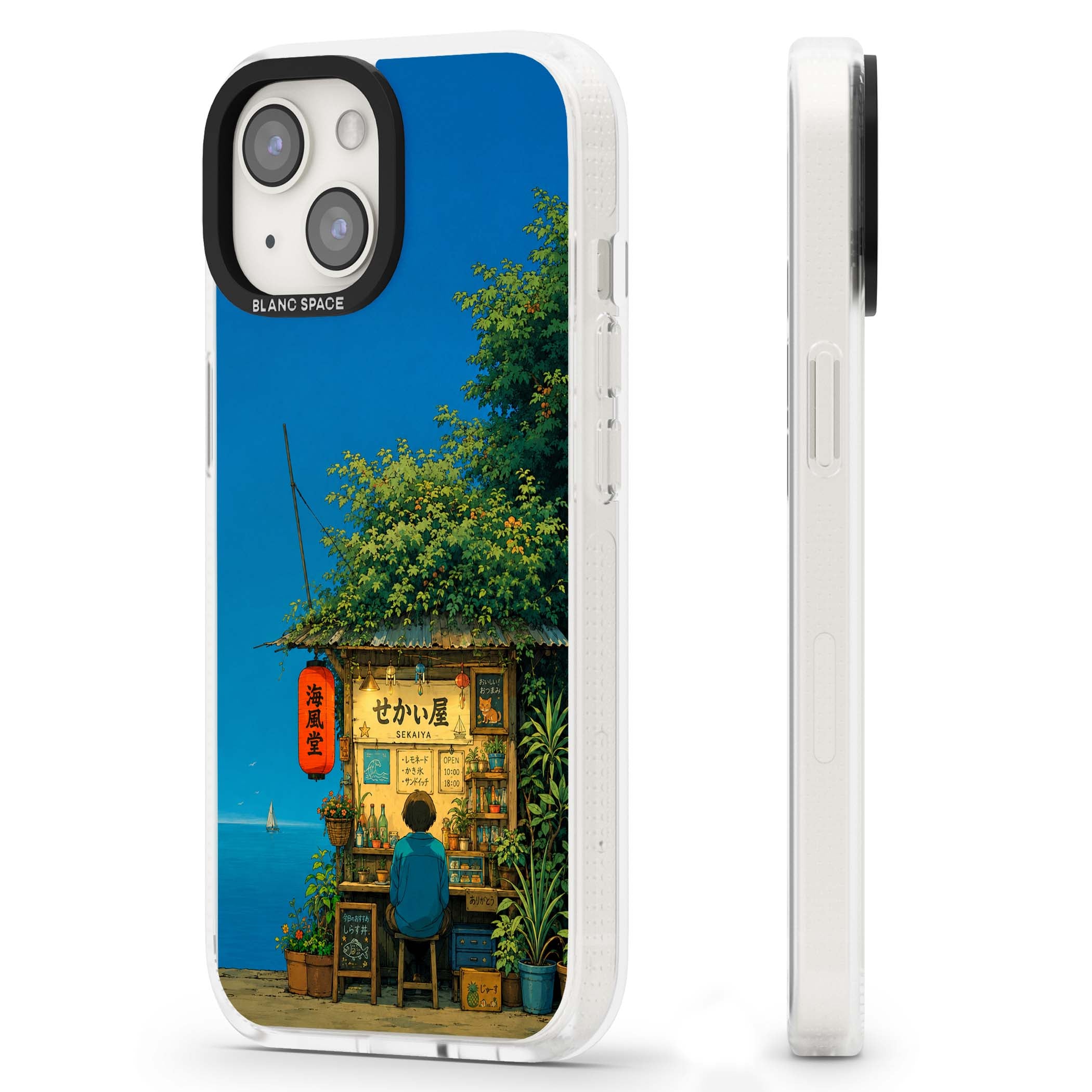 The Shirahama Kiosk anime iPhone case featuring a Japanese seaside shop, red paper lantern and ocean view | Clear Case Impact Air case for iPhone 15, iPhone 15 Plus