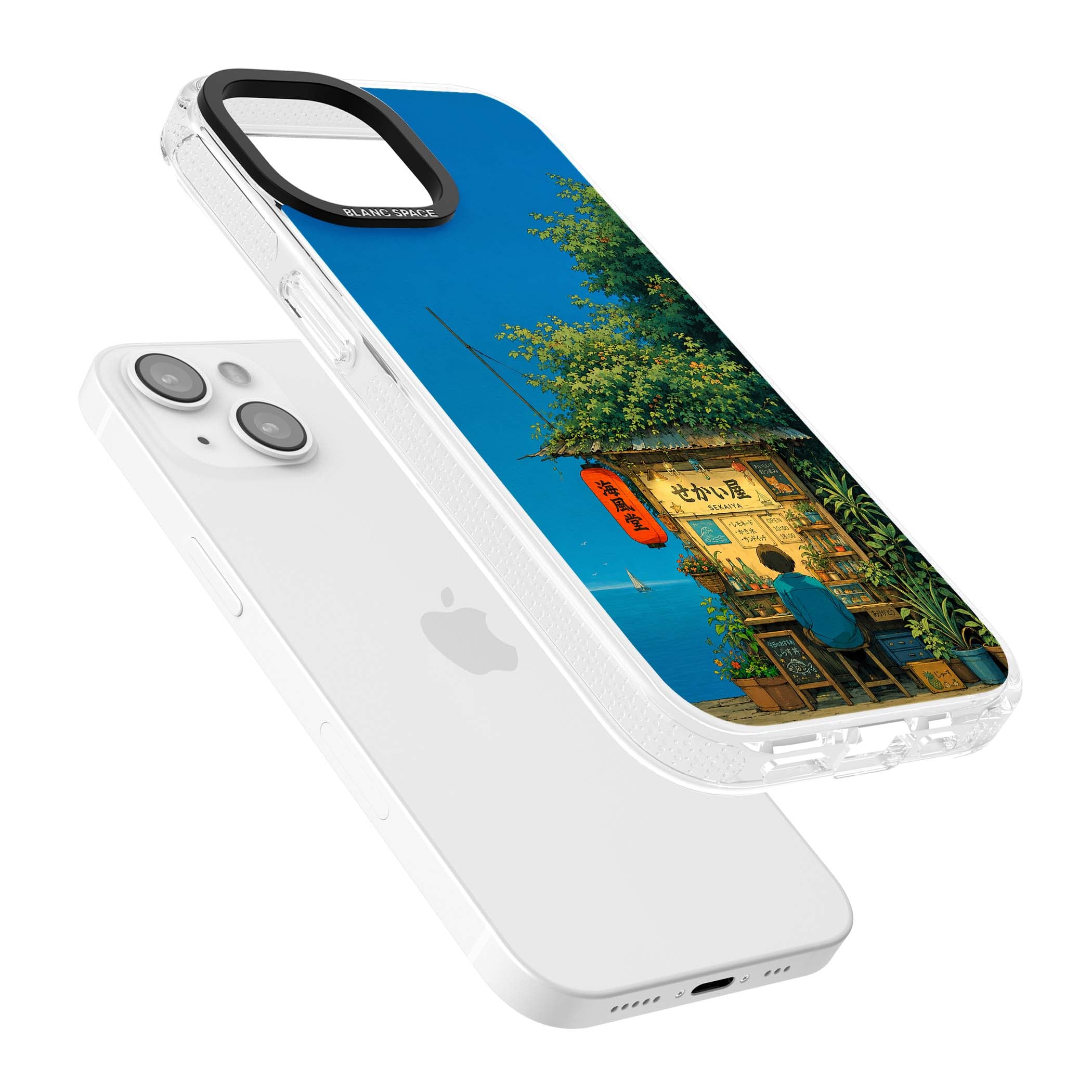 The Shirahama Kiosk anime iPhone case featuring a Japanese seaside shop, red paper lantern and ocean view | Clear Case Impact Air case for iPhone 15, iPhone 15 Plus