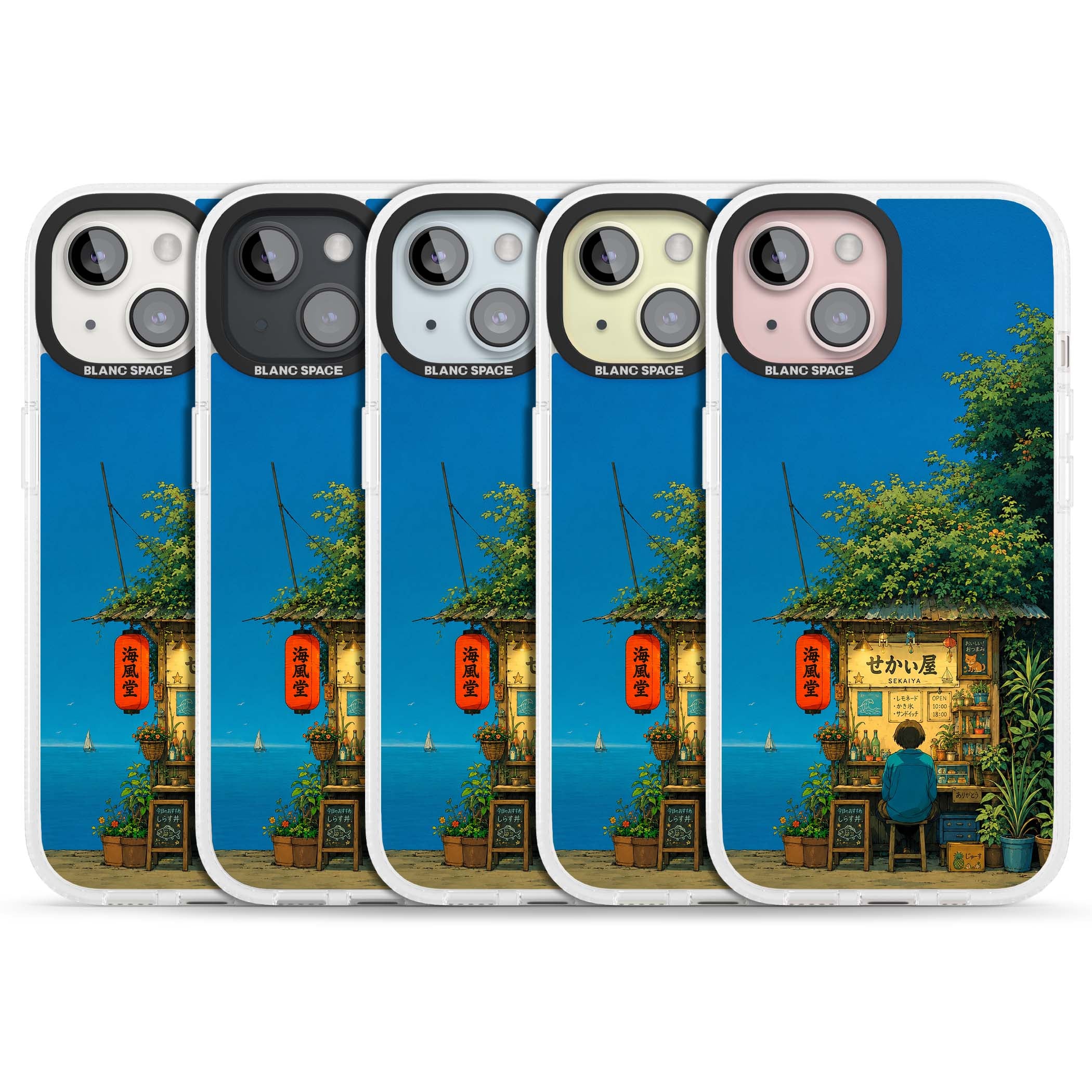 The Shirahama Kiosk anime iPhone case featuring a Japanese seaside shop, red paper lantern and ocean view | Clear Case Impact Air case for iPhone 15, iPhone 15 Plus