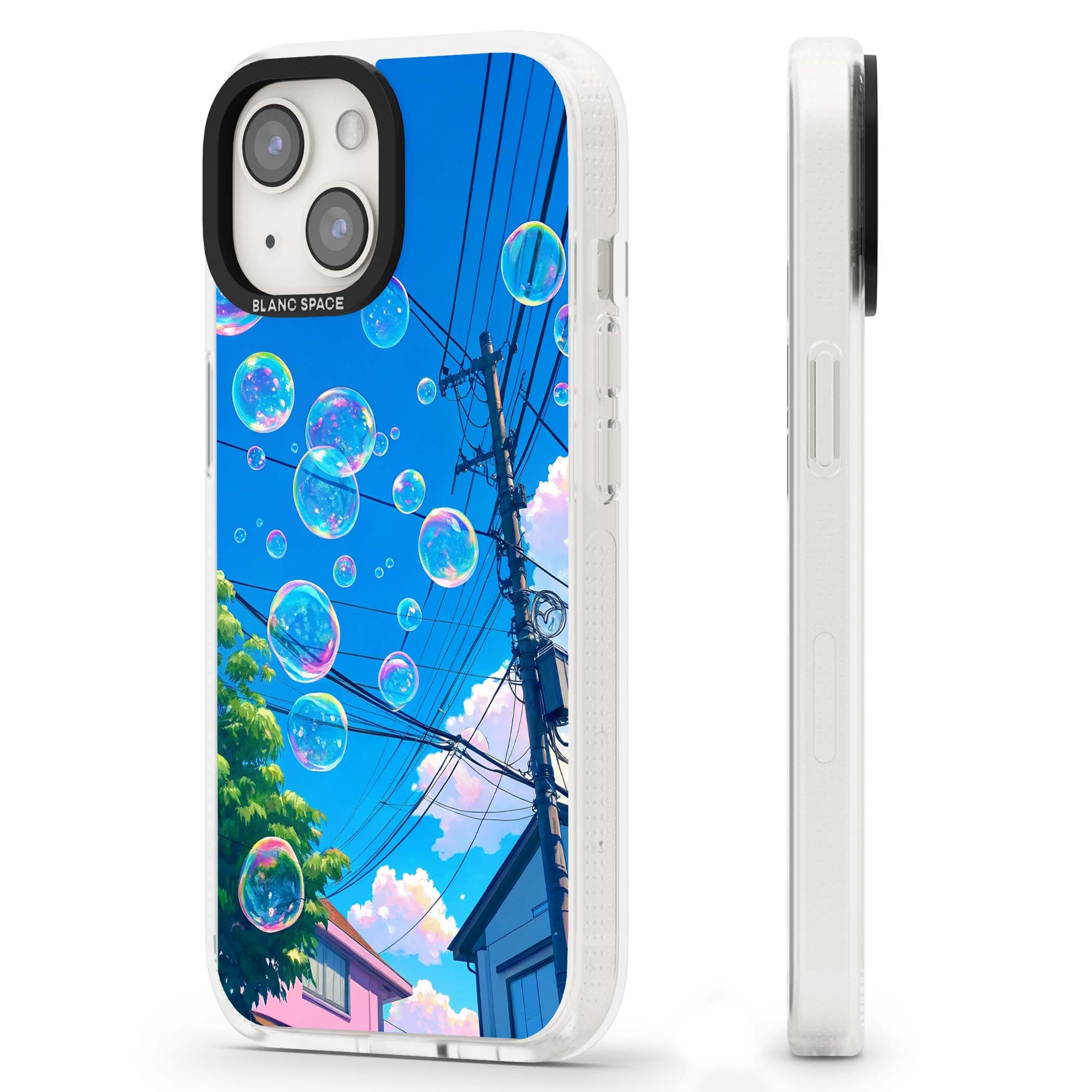 Suburban Bubbles anime iPhone case featuring iridescent soap bubbles, blue sky and Japanese telephone wires | Clear Case Impact Air case for iPhone 15, iPhone 15 Plus