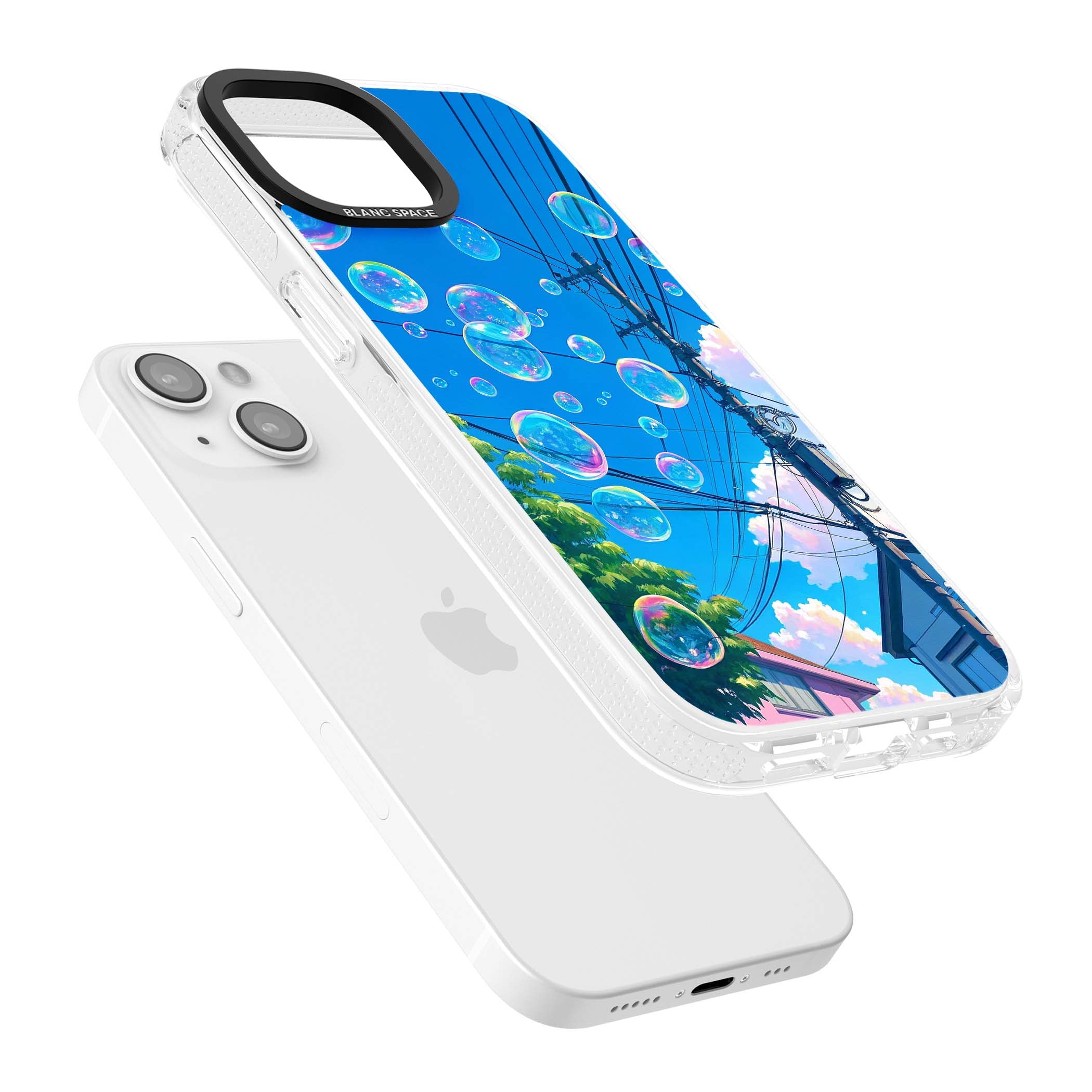 Suburban Bubbles anime iPhone case featuring iridescent soap bubbles, blue sky and Japanese telephone wires | Clear Case Impact Air case for iPhone 15, iPhone 15 Plus