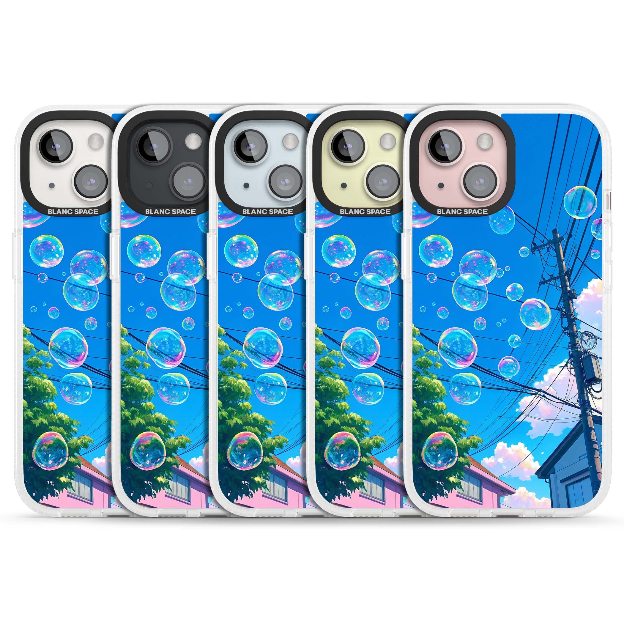 Suburban Bubbles anime iPhone case featuring iridescent soap bubbles, blue sky and Japanese telephone wires | Clear Case Impact Air case for iPhone 15, iPhone 15 Plus