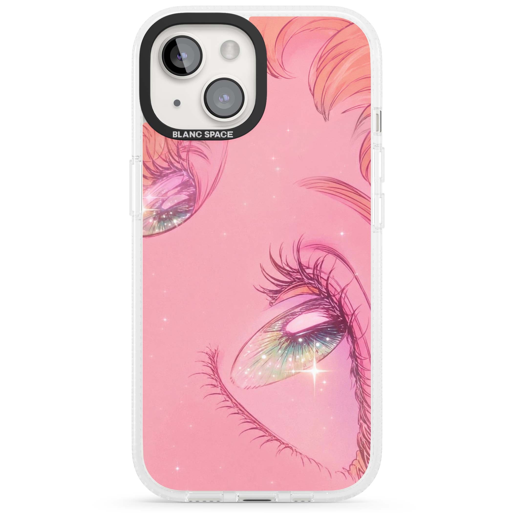 Pink Ethereal Gaze anime iPhone case featuring sparkling manga eyes, coral lashes and dreamy peach sky | Clear Case Impact Air case for iPhone 15, iPhone 15 Plus