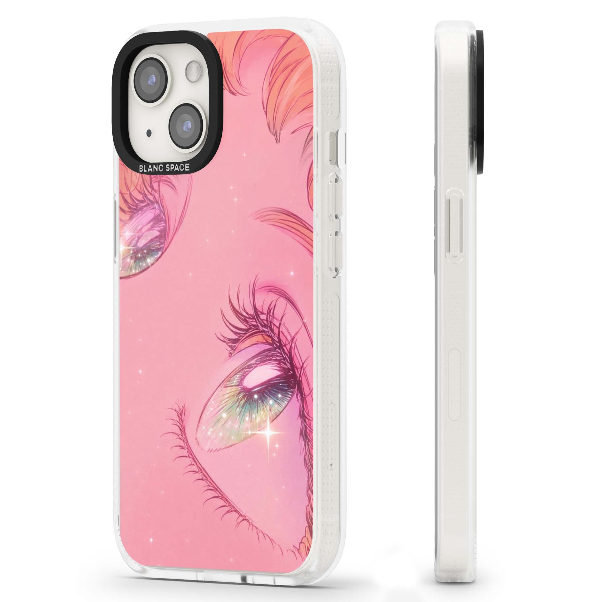 Pink Ethereal Gaze anime iPhone case featuring sparkling manga eyes, coral lashes and dreamy peach sky | Clear Case Impact Air case for iPhone 15, iPhone 15 Plus
