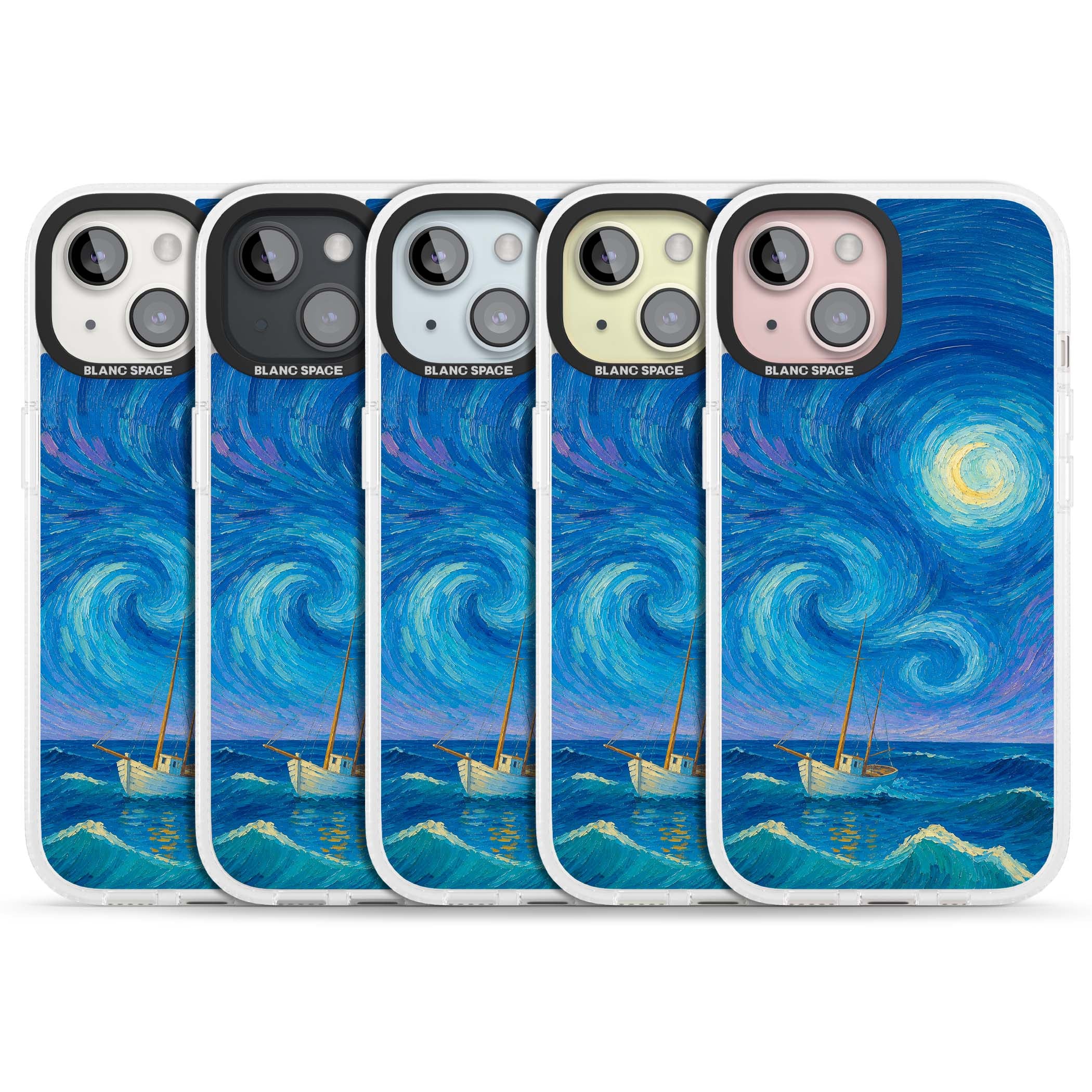 Moonlit Tide Van Gogh art iPhone case featuring swirling starry night sky, glowing moon and lone sailing boat at sea | Clear Case Impact Air case for iPhone 15, iPhone 15 Plus