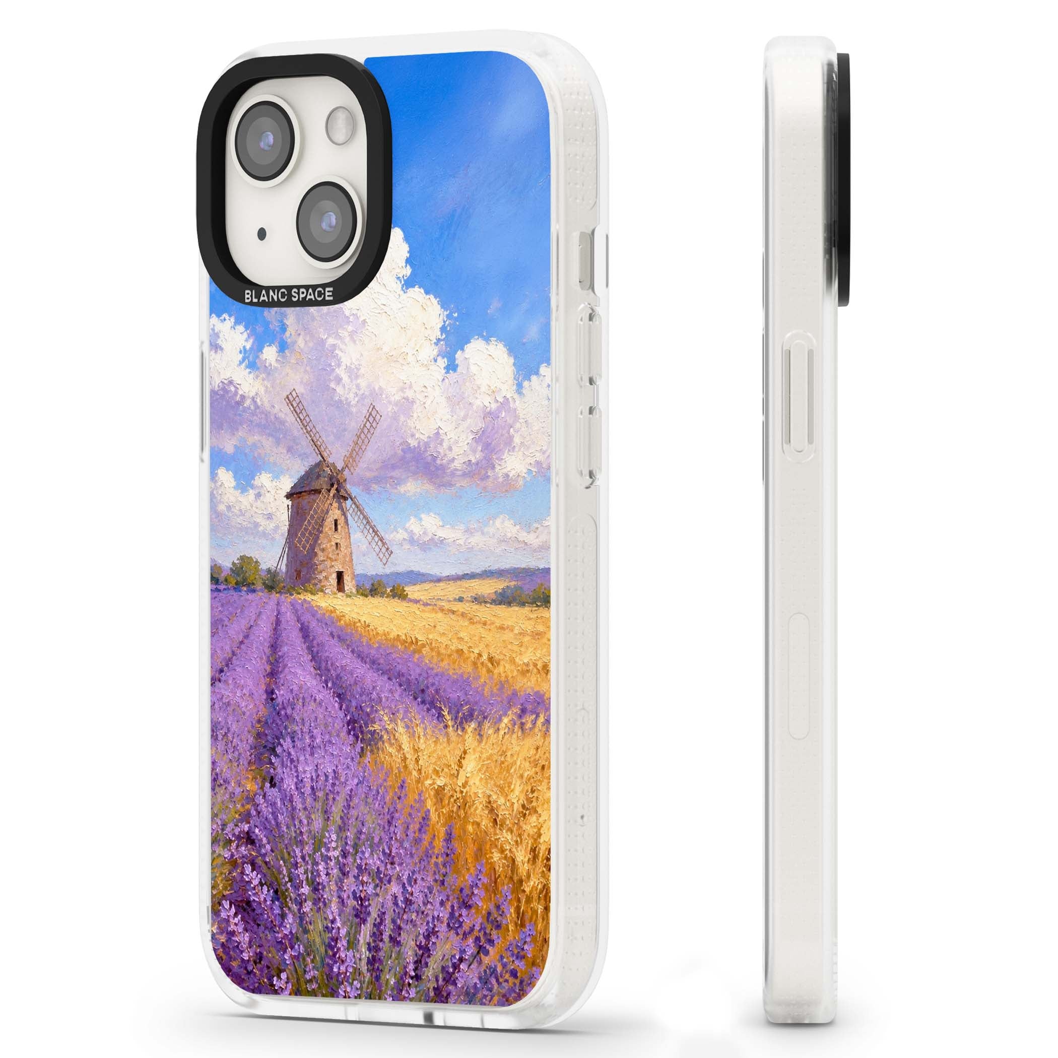 Lavender Mill cottagecore iPhone case featuring a French windmill, lavender field and golden wheat oil painting | Clear Case Impact Air case for iPhone 15, iPhone 15 Plus