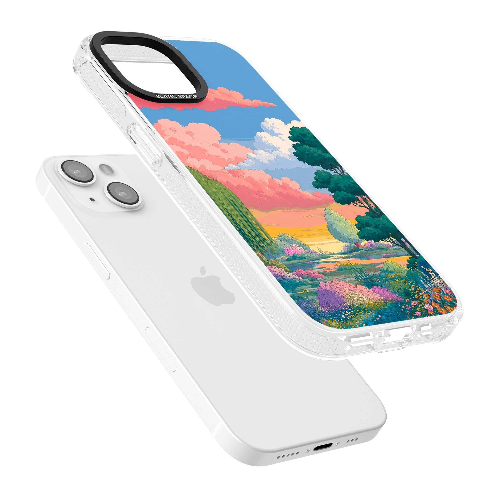 Dream Valley anime landscape iPhone case featuring pink sunset clouds, willow trees and wildflowers | Clear Case Impact Air case for iPhone 15, iPhone 15 Plus