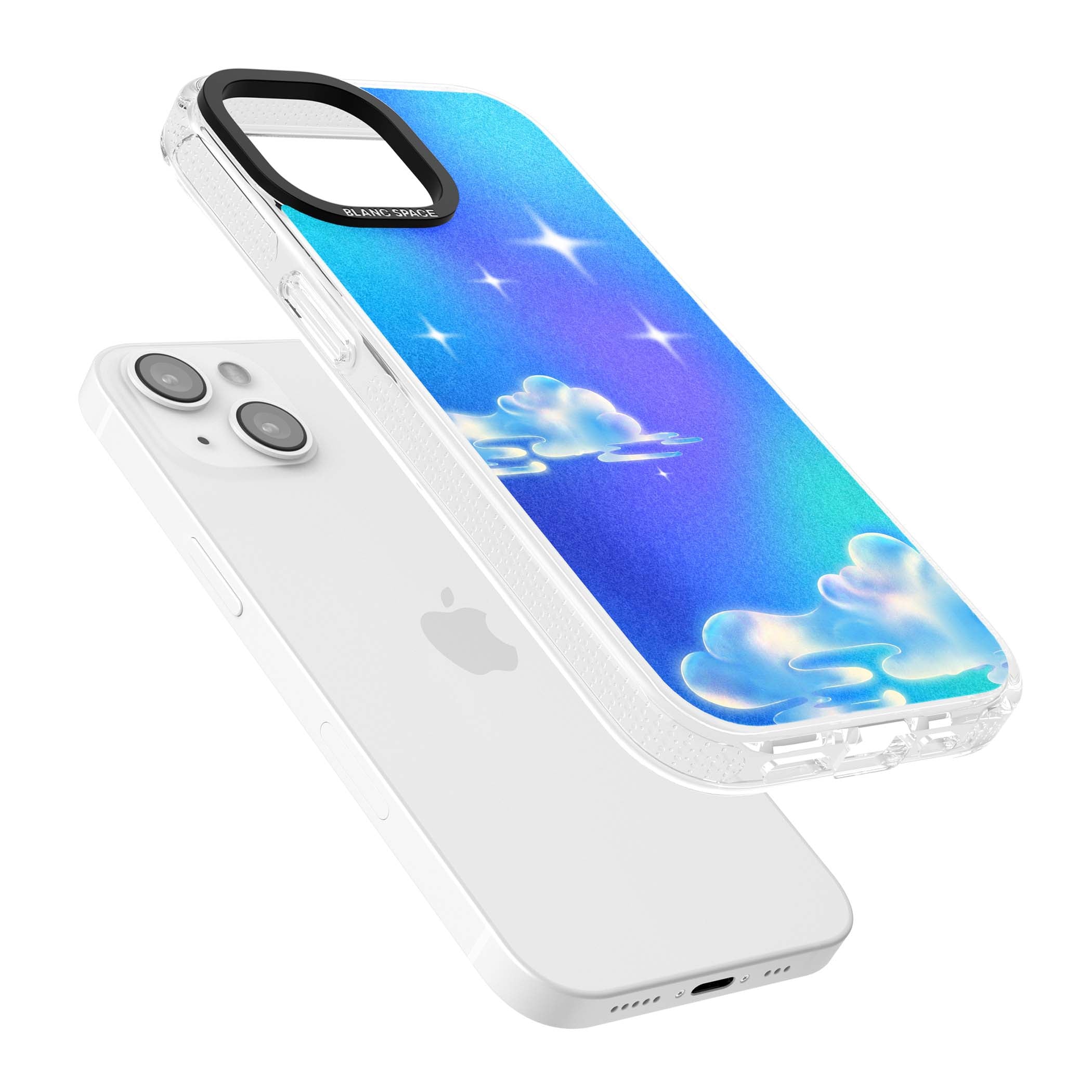 Aurora celestial iPhone case featuring dreamy iridescent clouds, sparkling stars and pastel blue purple sky | Clear Case Impact Air case for iPhone 15, iPhone 15 Plus