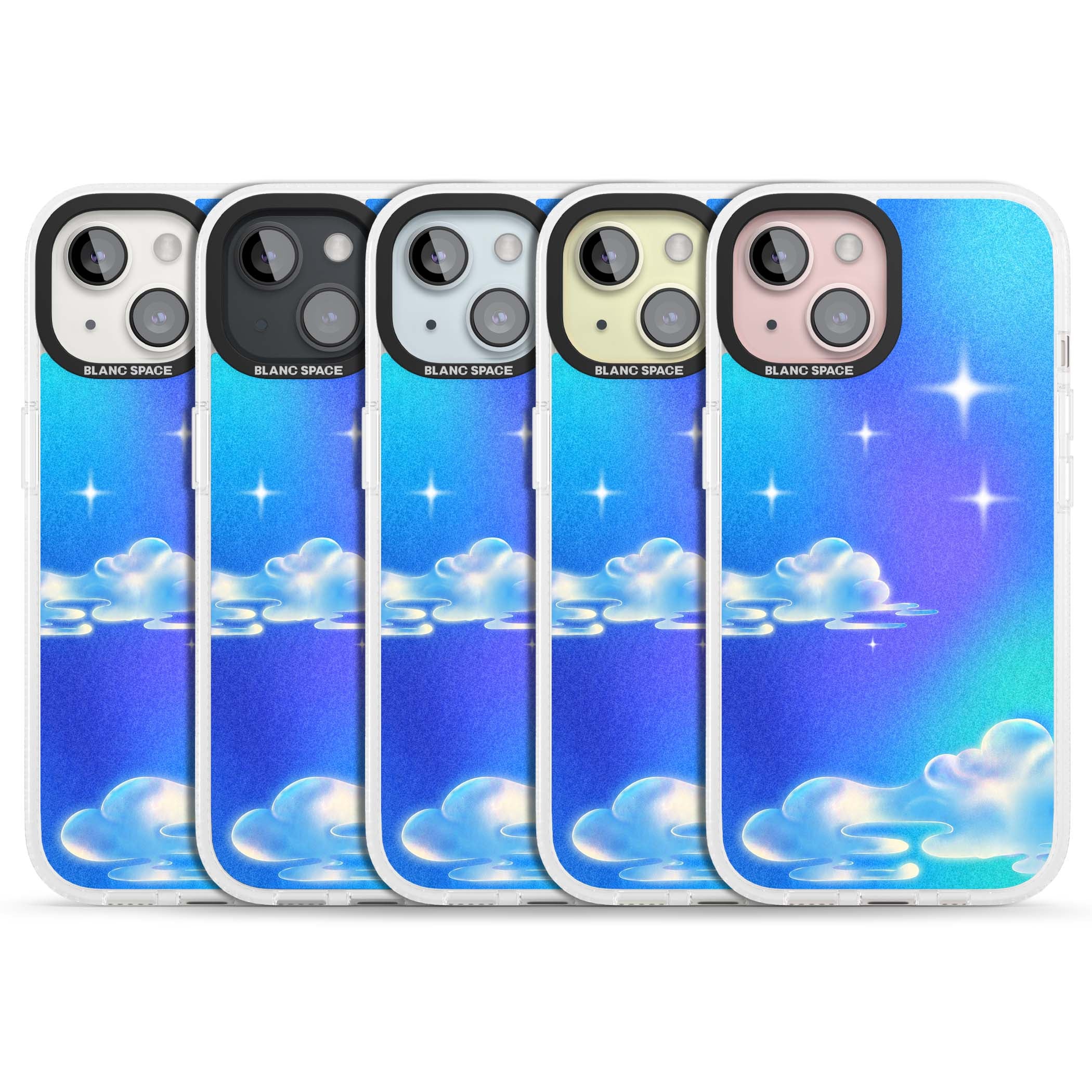 Aurora celestial iPhone case featuring dreamy iridescent clouds, sparkling stars and pastel blue purple sky | Clear Case Impact Air case for iPhone 15, iPhone 15 Plus