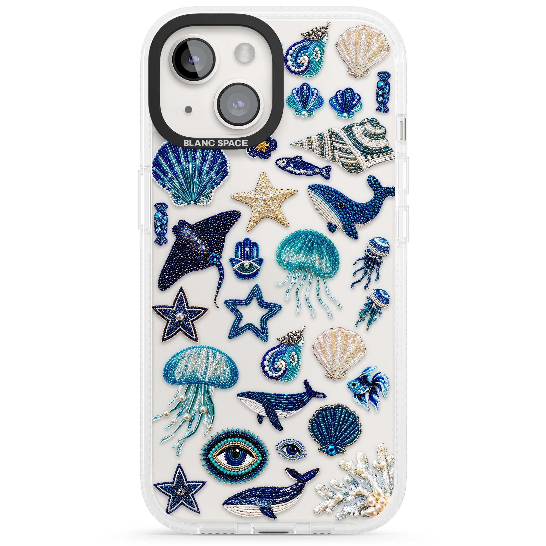 Beaded Coastal coastal iPhone case featuring embroidered seashells, jellyfish and a blue whale on clear | Clear Case Impact Air case for iPhone 15, iPhone 15 Plus