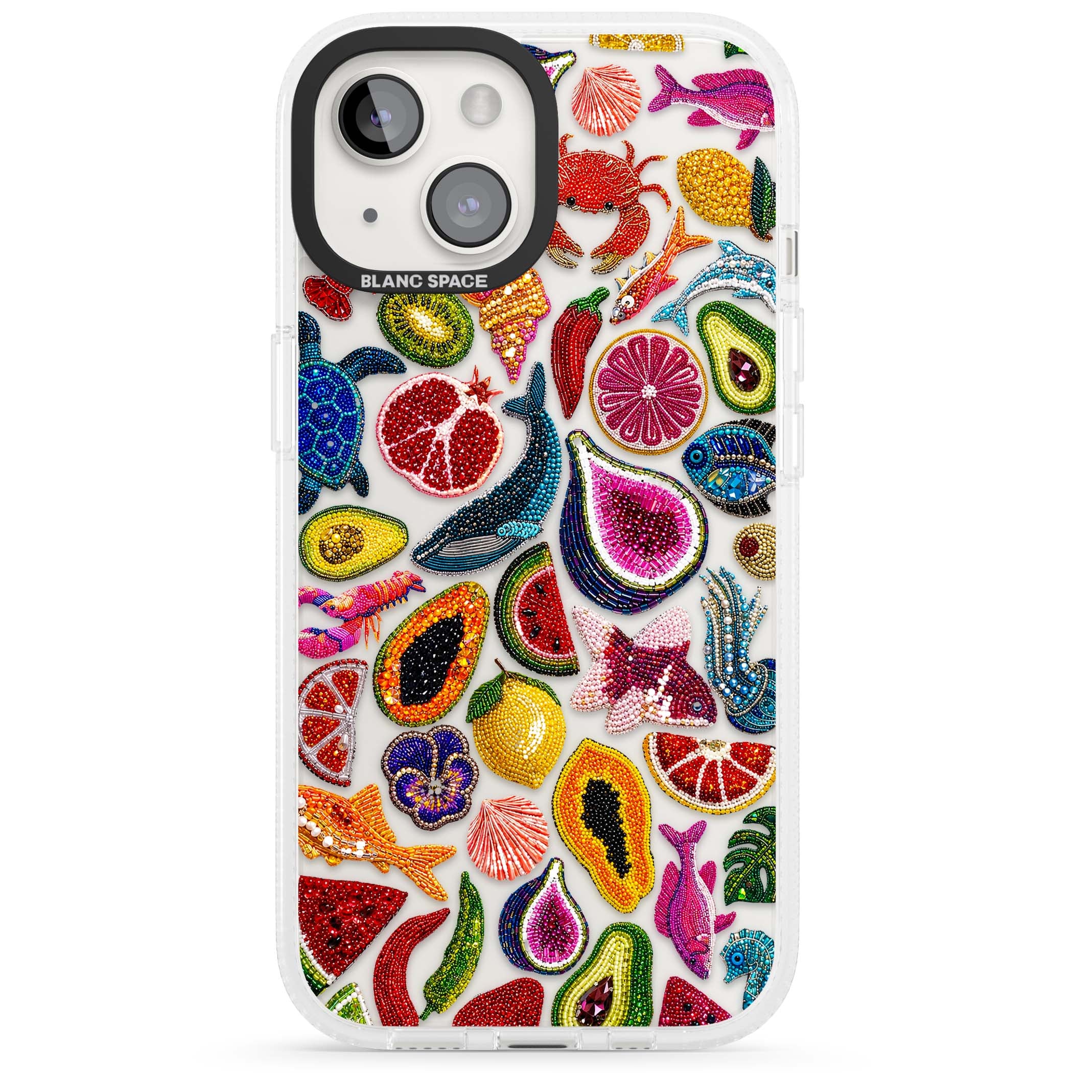 Beaded Tropic tropical iPhone case featuring beaded fruit, fish, crabs and seashells in vibrant colour | Clear Case Impact Air case for iPhone 15, iPhone 15 Plus