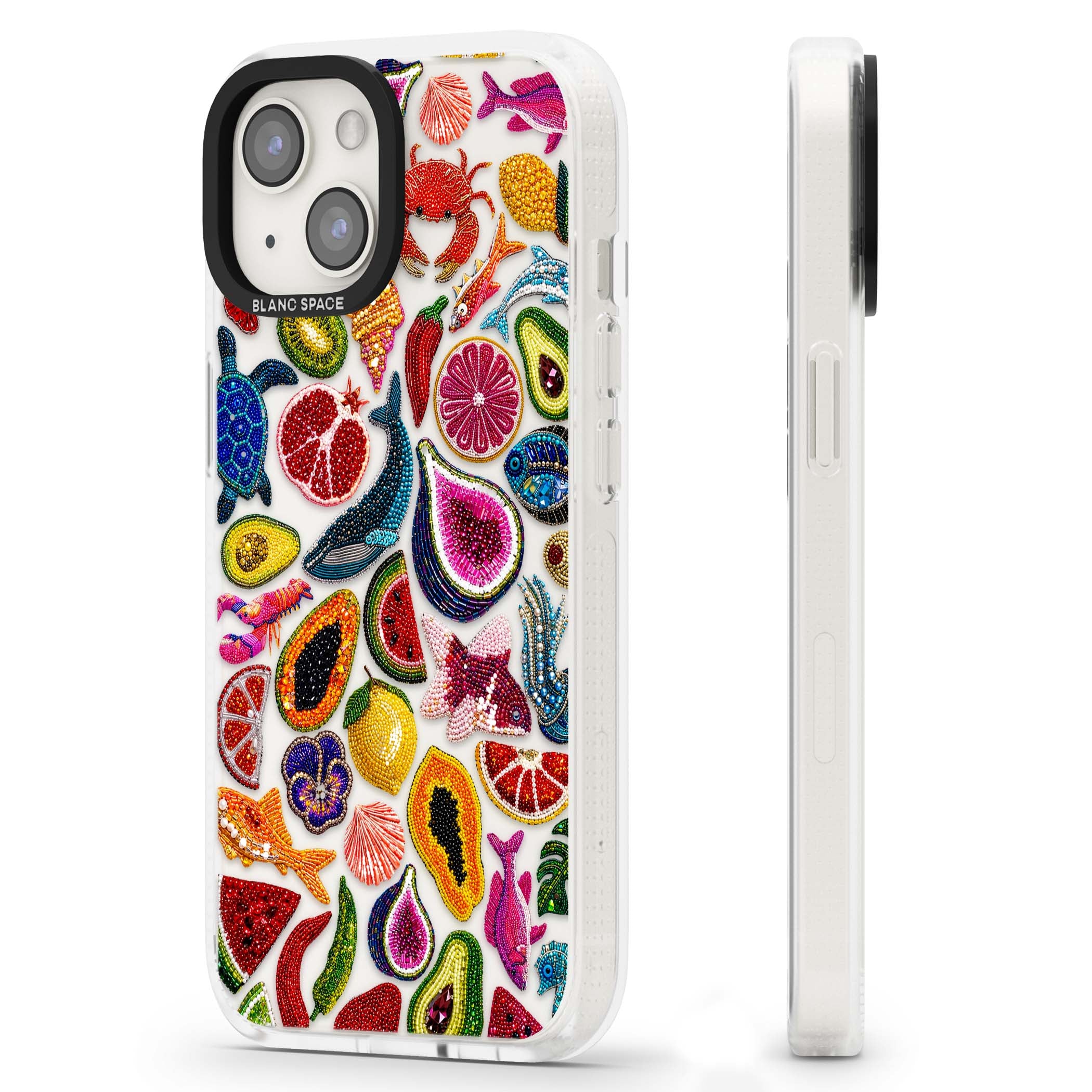 Beaded Tropic tropical iPhone case featuring beaded fruit, fish, crabs and seashells in vibrant colour | Clear Case Impact Air case for iPhone 15, iPhone 15 Plus
