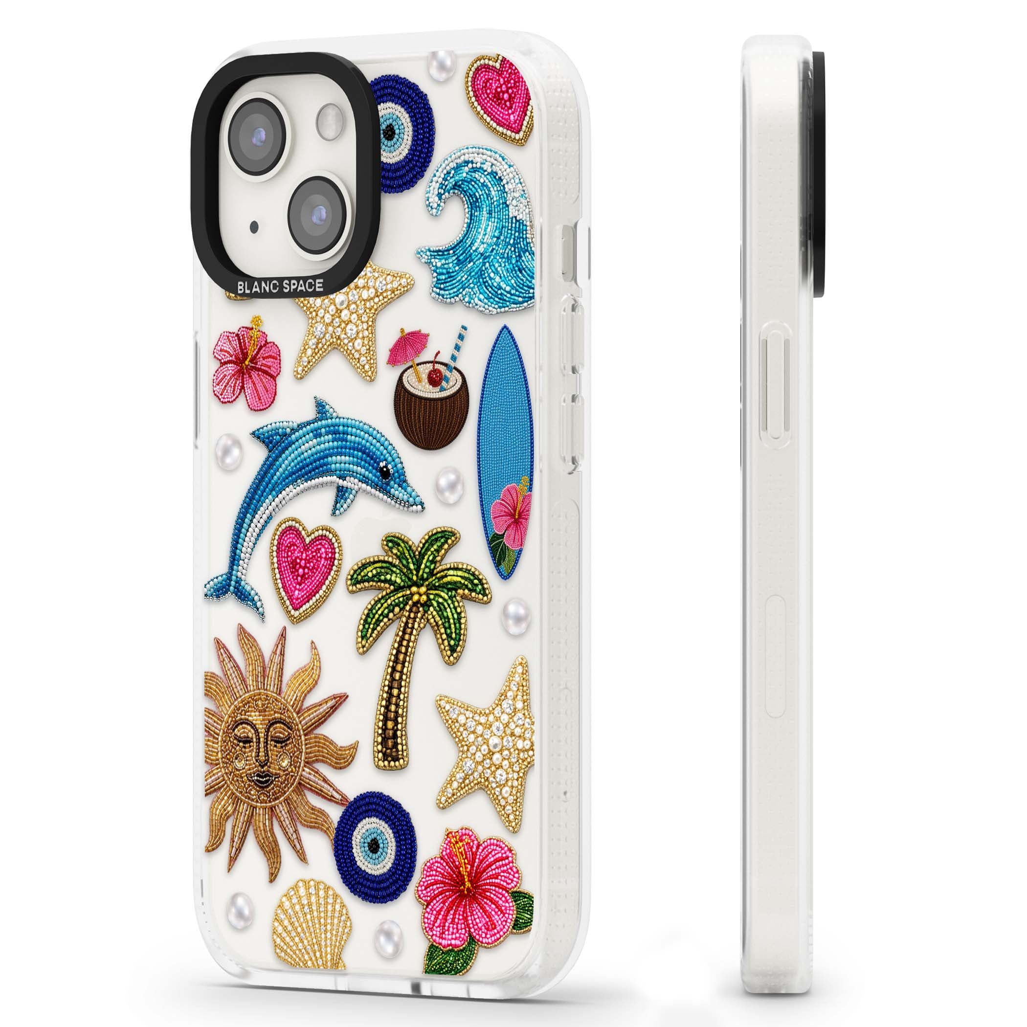 Beaded Beach coastal summer iPhone case featuring embroidered evil eye, hibiscus flowers, dolphin and palm tree patches | Clear Case Impact Air case for iPhone 15, iPhone 15 Plus