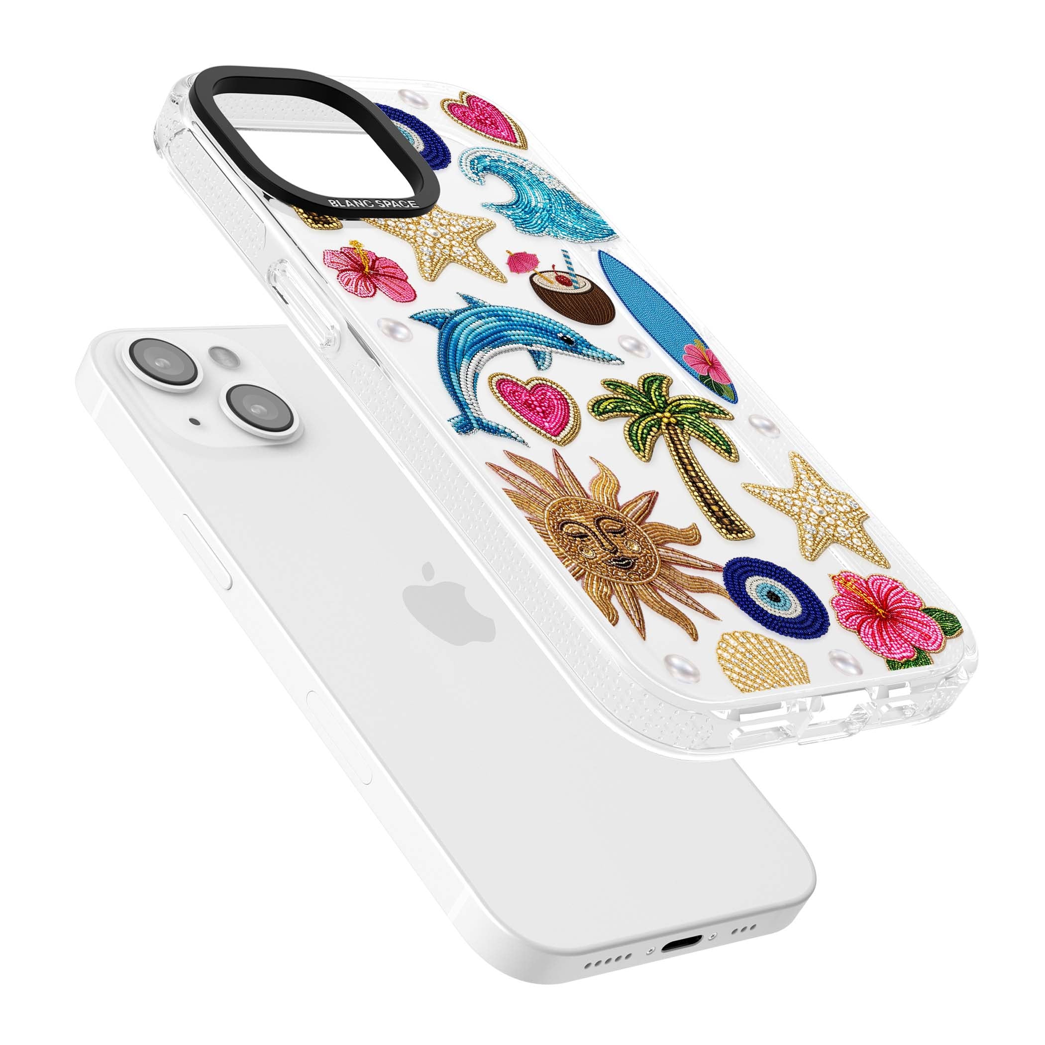 Beaded Beach coastal summer iPhone case featuring embroidered evil eye, hibiscus flowers, dolphin and palm tree patches | Clear Case Impact Air case for iPhone 15, iPhone 15 Plus