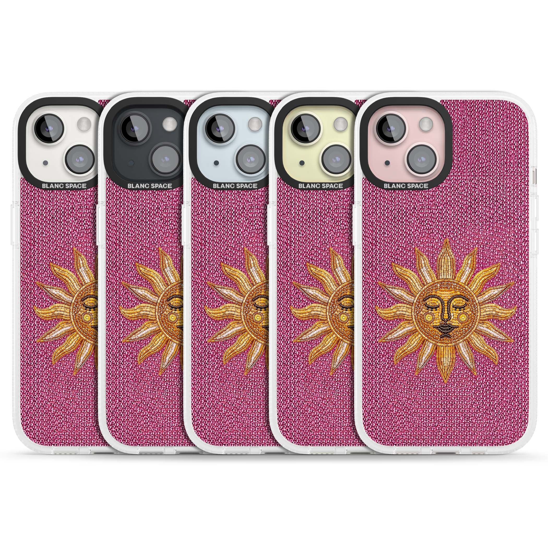 Beaded Sun celestial iPhone case featuring a golden beaded sun face with radiant rays on hot pink beaded background | Clear Case Impact Air case for iPhone 15, iPhone 15 Plus