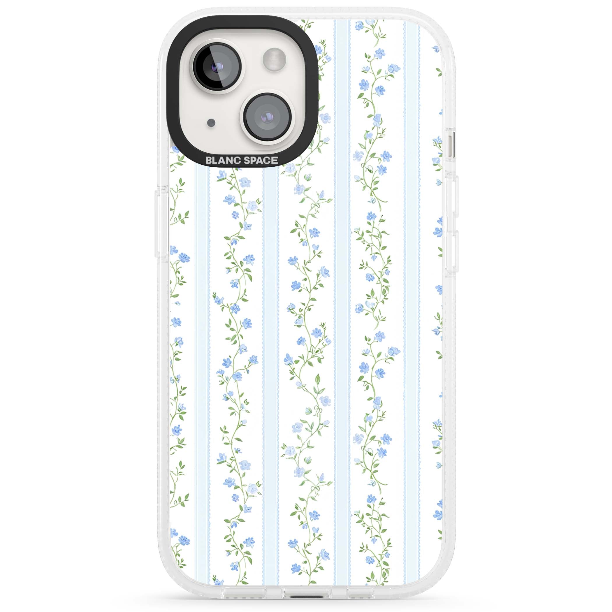 Bluebell Vine cottagecore iPhone case featuring climbing blue roses, trailing green vines, and pale ticking stripes | Clear Case Impact Air case for iPhone 15, iPhone 15 Plus