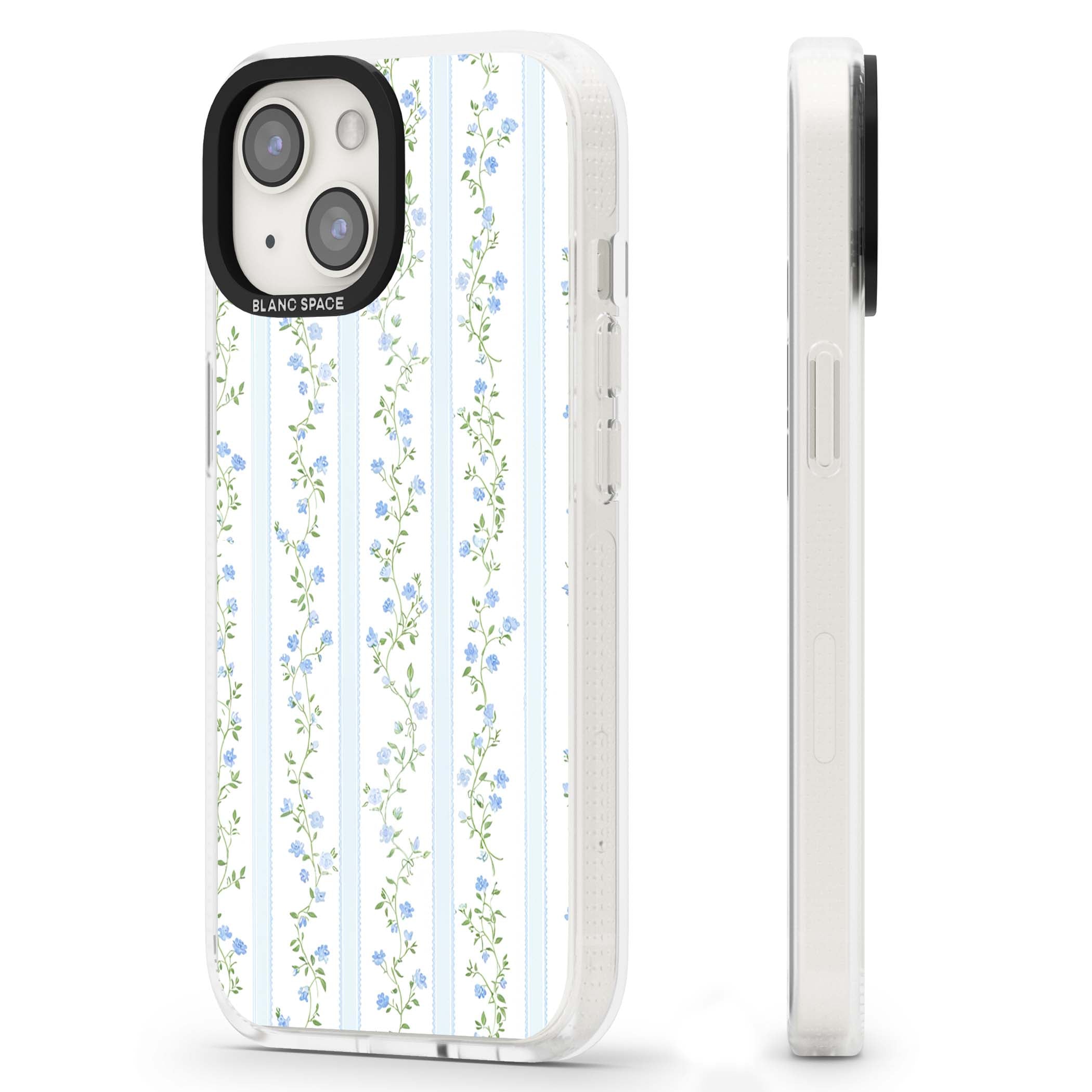 Bluebell Vine cottagecore iPhone case featuring climbing blue roses, trailing green vines, and pale ticking stripes | Clear Case Impact Air case for iPhone 15, iPhone 15 Plus