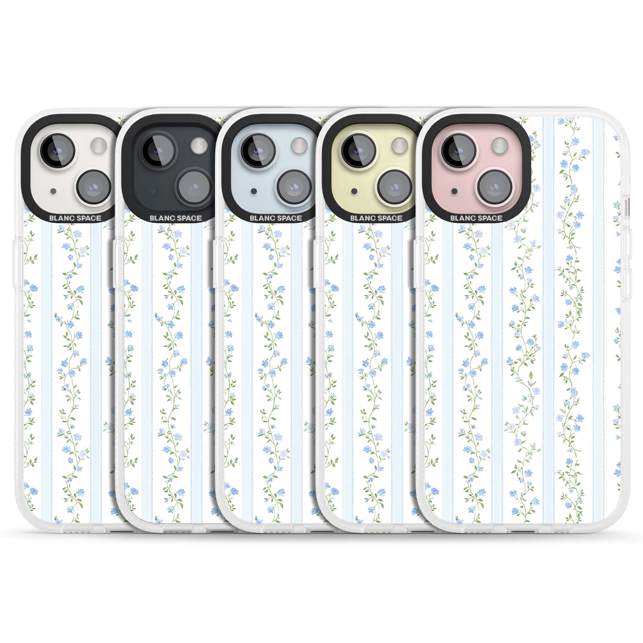 Bluebell Vine cottagecore iPhone case featuring climbing blue roses, trailing green vines, and pale ticking stripes | Clear Case Impact Air case for iPhone 15, iPhone 15 Plus
