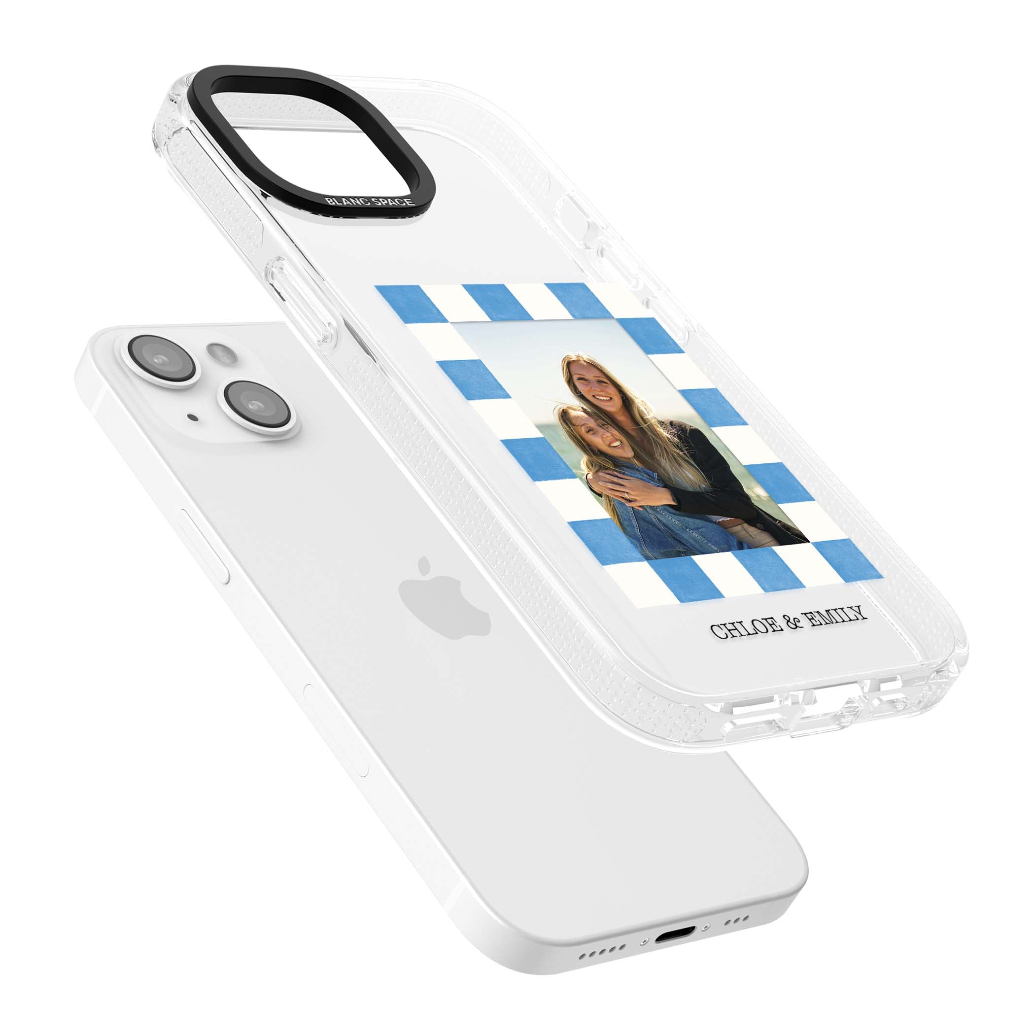 Blue Check Photo personalised photo iPhone case with blue checkered frame and custom couple names | Clear Case Impact Air case for iPhone 15, iPhone 15 Plus