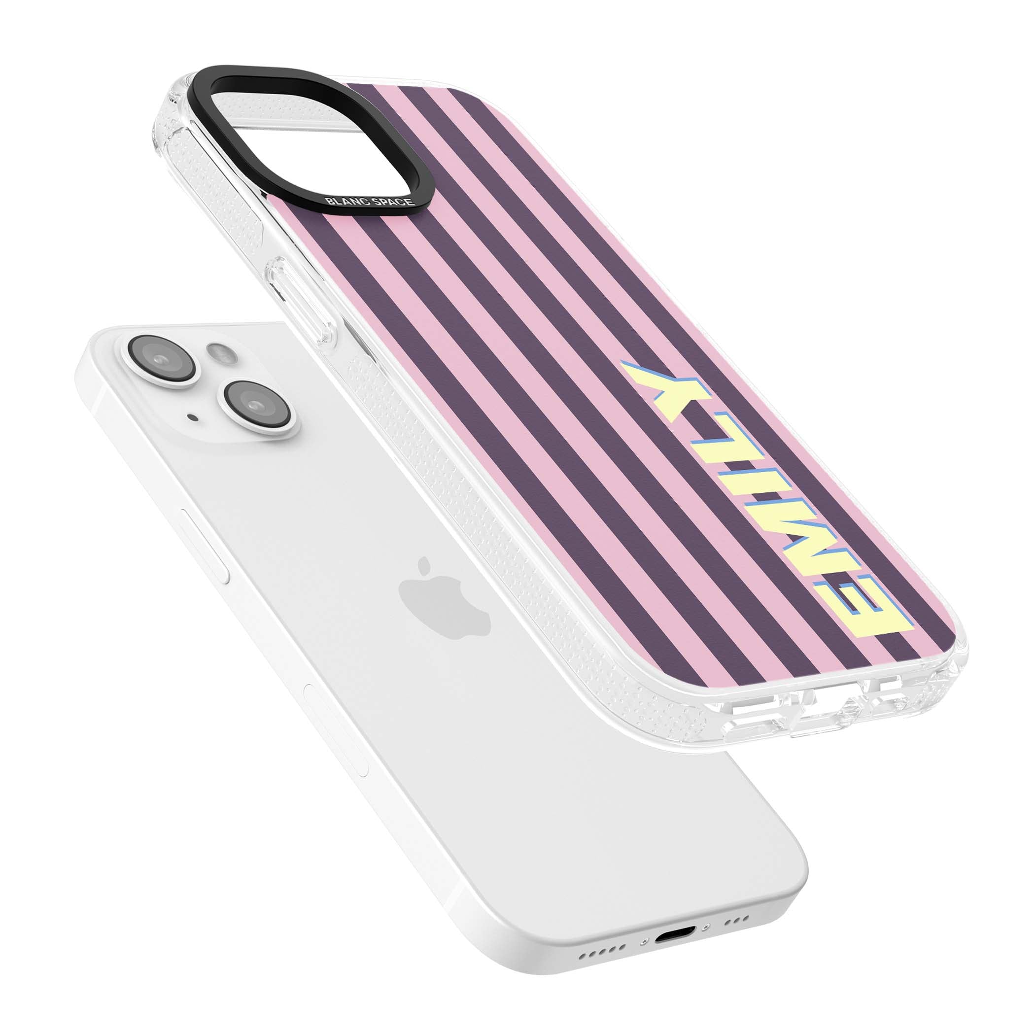 Tyre Stripe personalised stripe iPhone case with plum and pink vertical stripes and custom yellow name | Clear Case Impact Air case for iPhone 15, iPhone 15 Plus