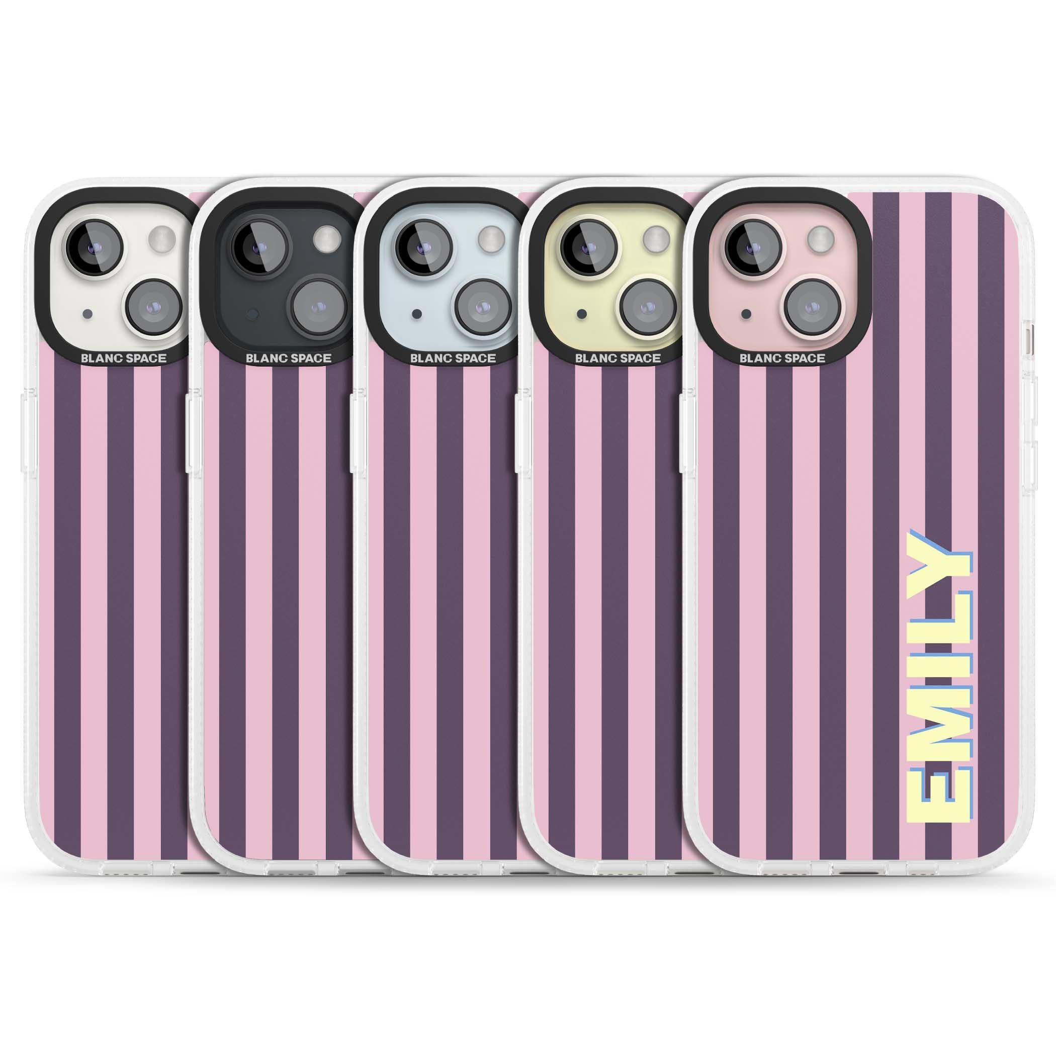 Tyre Stripe personalised stripe iPhone case with plum and pink vertical stripes and custom yellow name | Clear Case Impact Air case for iPhone 15, iPhone 15 Plus